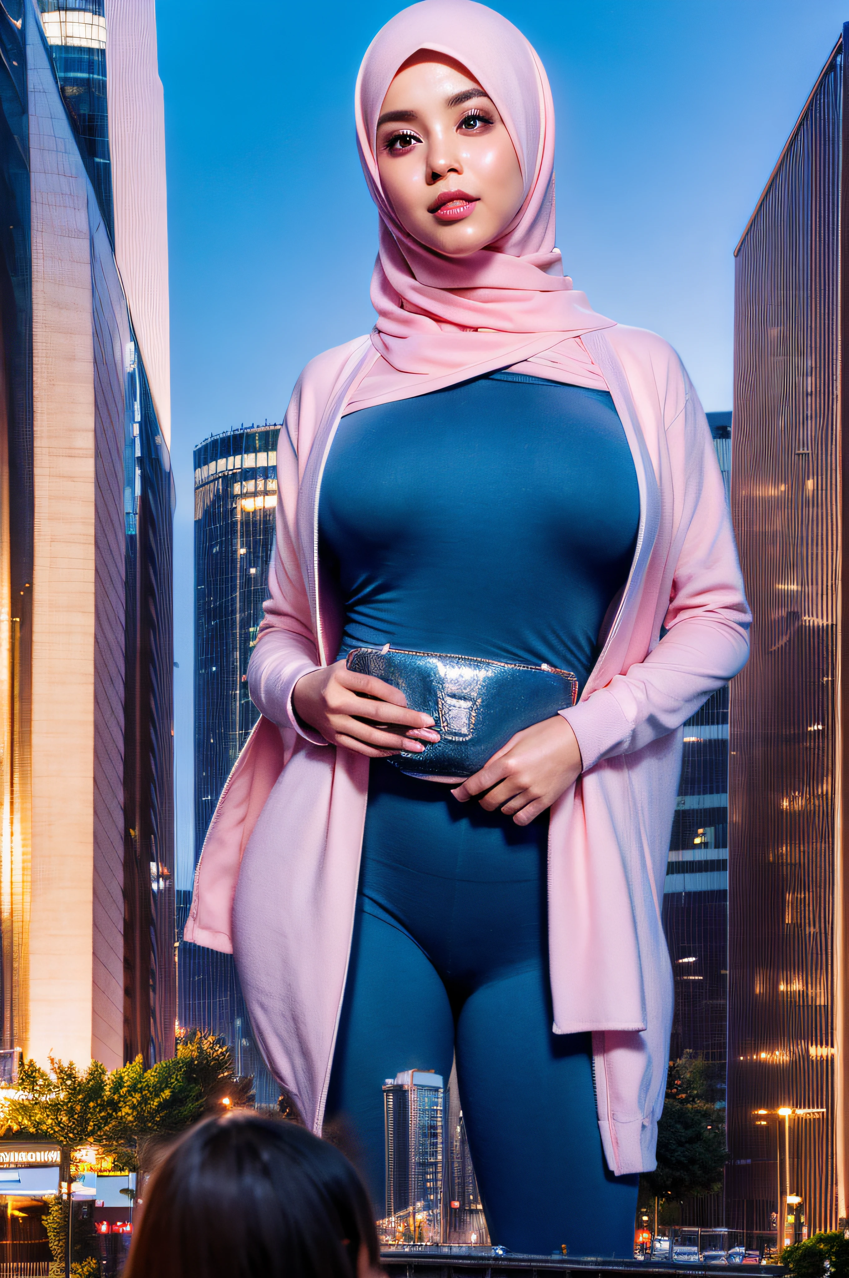 (Best quality, high resolution, masterpiece: 1.3), a beautiful malay woman in hijab, gigantic breasts, slim figure, sweatshirt, beautifully presented details in the street and facial and skin texture, detailed eyes, double eyelids, big eyeschest visible, shirt openfeatures), HDR, 8k resolution, nice fingers, firm skin, (((high detail skin, visible pores))), 1 female, tall body, 30 years old, holding a luxurious handbag(ultra Gigantic Breasts:1.3, heavy hanging breasts, perfect round shape breast), wearing Floral jeans Silk Tight Malay Gamis Pastel Close Up Tight Hijab, big busty red lips, Full Body, Beautiful Shy Smile, Wearing High Heels, In Lux, wearing deep_v-neck_dress, (giga:1.3), giantess, (city destruction:1.35), metropolis, london, photo_from_bottom