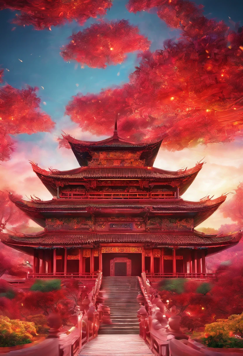 Chinese palace of the Tang Dynasty, in wonderland, surrounded by cloud, Far perspective, 。.。.3D, China-style, Reddish yellow tones。8K, High detail, Chiaroscuro, Depth of field, god light, stereograms, hyper HD, hyper HD, Textured skin, High details --auto
