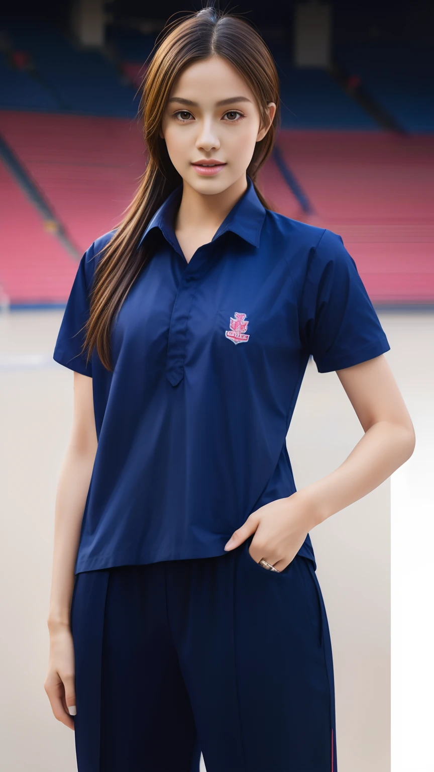 (bestquality,10,10,highres,masterpiece:1.2),ultra-detail,(Realistic,photorealistic portrait,photo-realistic:1.37),1 Cute girl in the football field,oily shiny skin,bara,light smile,BDclothes,((blue shirt:1.3)),short sleeves,Shirt, trousers.,(navy_long_Pants Track:1.1), ((Stadium Background:1.3)),dynamic angle,excited,face focus,Dynamic Poses,from behide,Ass Focus,masterpiece, bestquality, ultra realistic, hyper-detail, 8k resolution, RAW photo, crisp focus, ((Navy blue shirt:1.1)), short sleeves, Long Path, Perfect body, 2 mature women, 18yo, cinematic light,Blue sweatpants,Gymware,Correct anatomy,Complete body, Correct body, sharp face, Anatomically correct body, full entire body, Realistic gestures, long-haired, Realistic poses,Wear long shorts..,Long leg span,Shapely,Sculpting Girl, slim, Beautiful skinny, mannequin mannequins