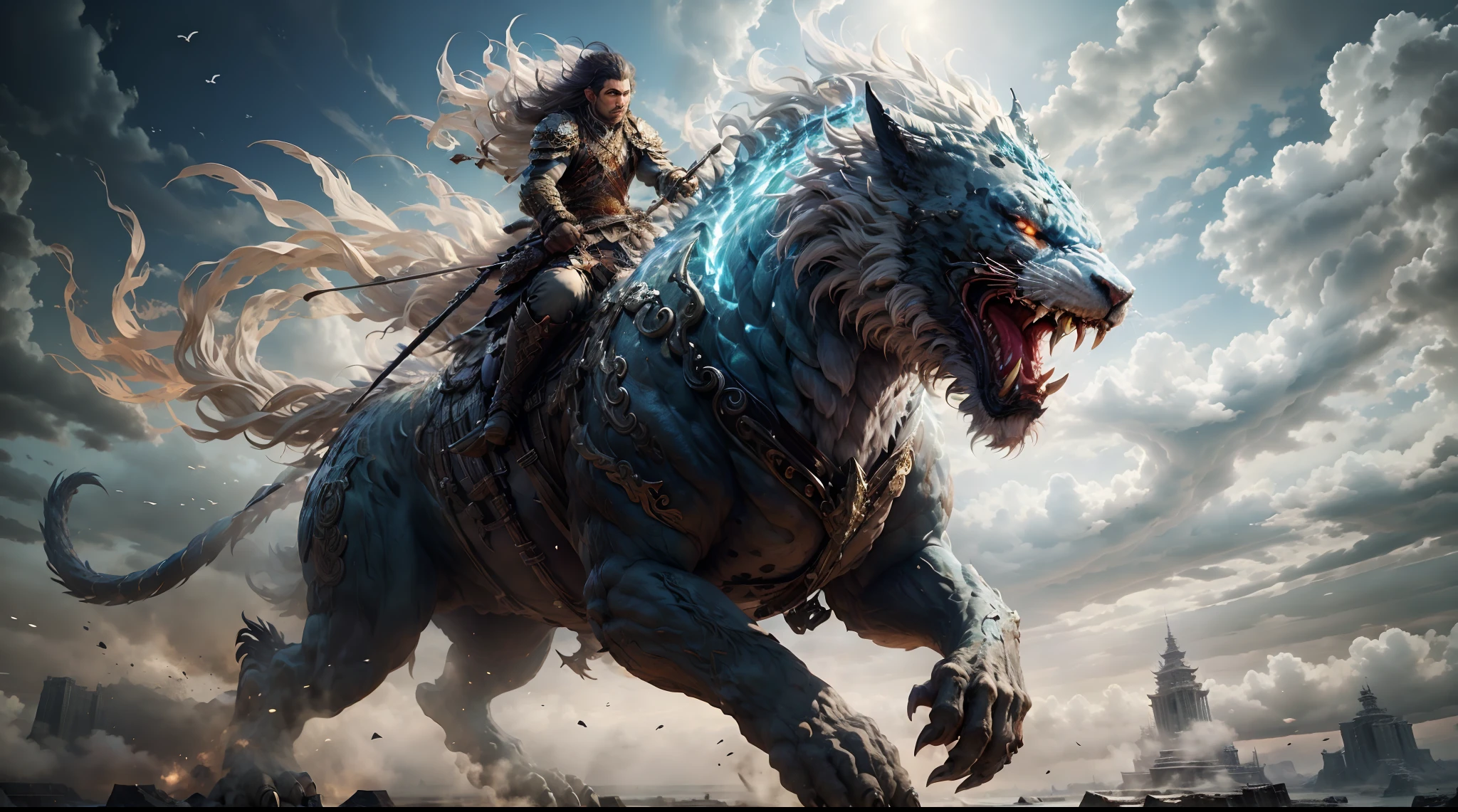 Great Wilderness East Meridian,dream-state、fanciful、tigre、Powerful wings,tmasterpiece,Toenails,sickle,salama,Layered hair,White fur,Riding,超高分辨率,high high quality,Export details