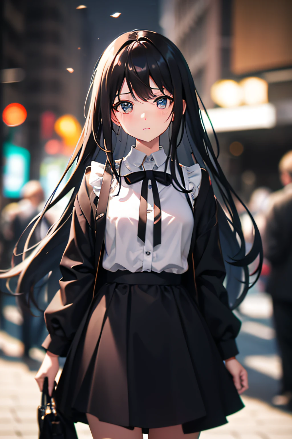 blurry,blurry_background,blurry_foreground,depth_of_field,motion_blur,photo_\(medium\),chromatic_aberration,closed_eyes,black_hair,1girl,focused,bokeh,long_hair,holding,cellphone_picture,solo,white_border,jacket,taking_picture,