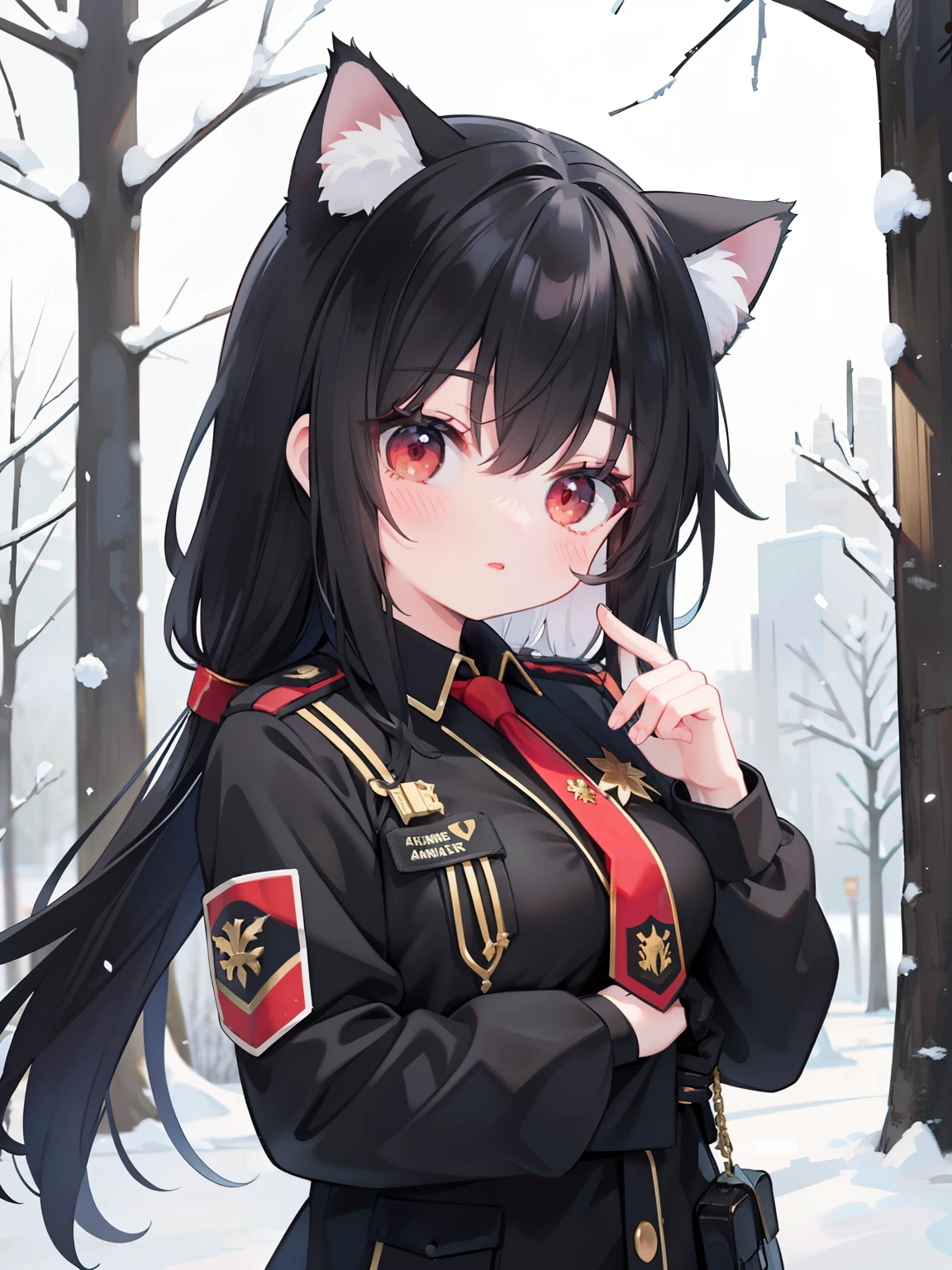Snowy forest,Black hair,cat ear,Cat girl,Red eyes, Officer uniform,,Germany,Black officer uniform