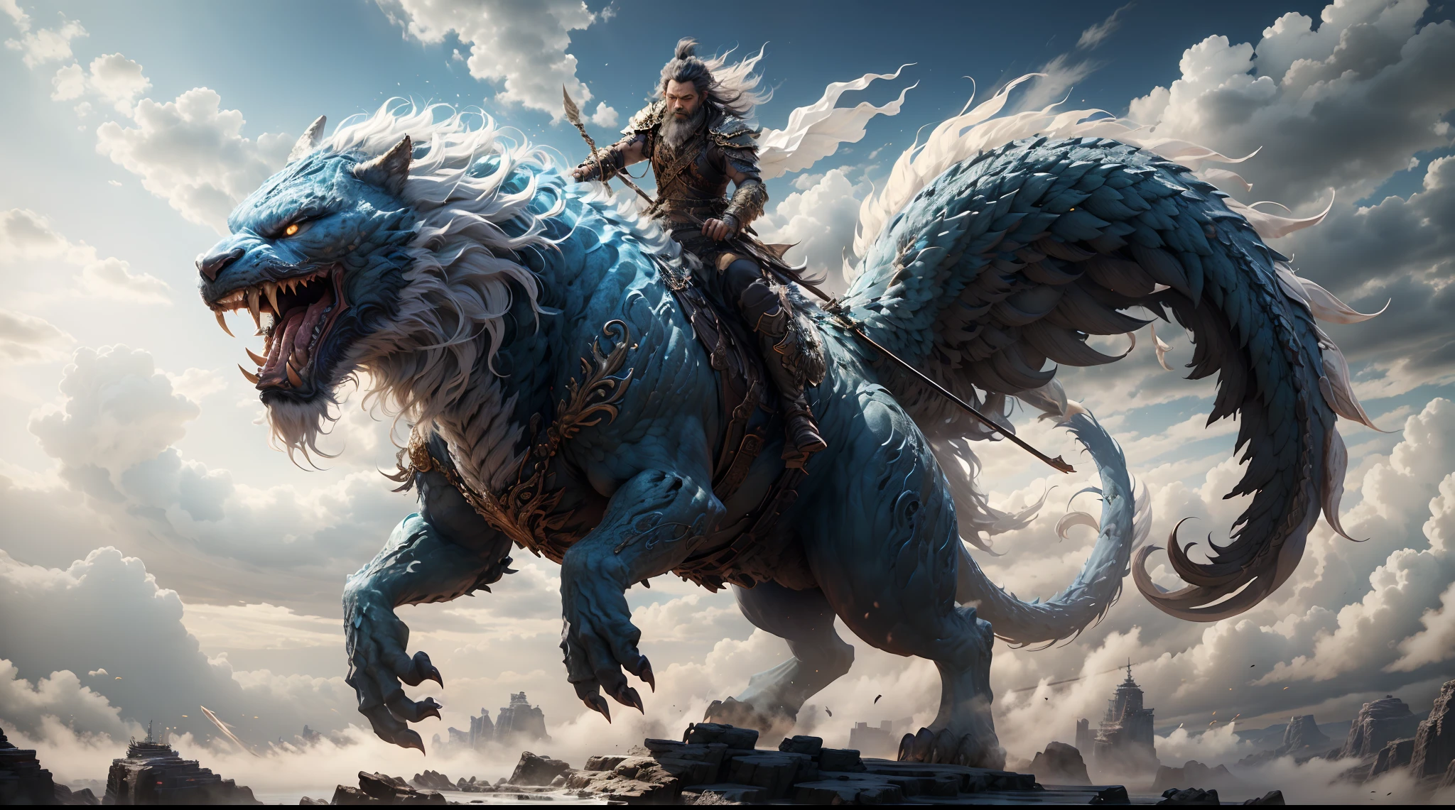 Great Wilderness East Meridian,dream-state、fanciful、tigre、Powerful wings,tmasterpiece,Toenails,sickle,salama,Layered hair,White fur,Riding,超高分辨率,high high quality,Export details