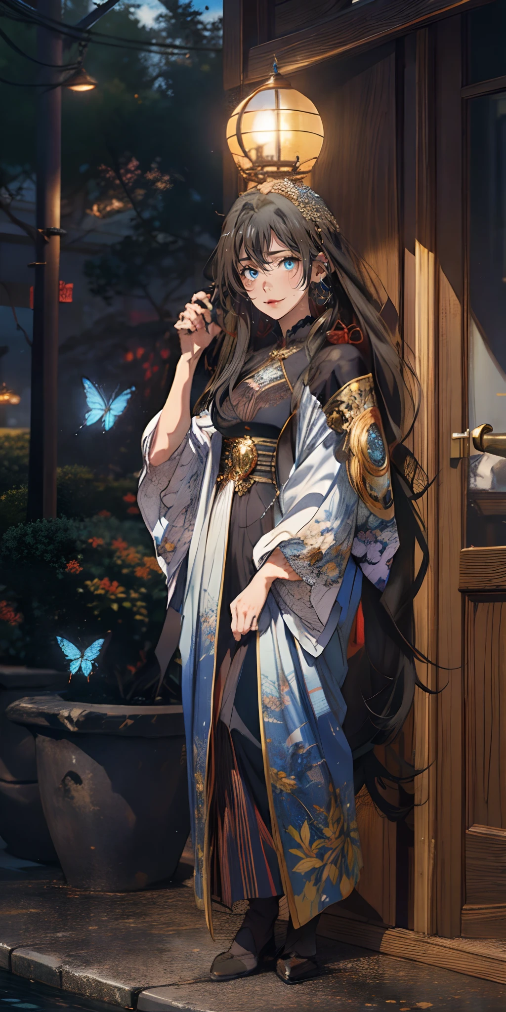 yukinoshita yukino, (long_hair, black_hair:1.6) blue eyes, epic art, fantasy art, butterfly, lantern, wide_sleeves, 1girl, blue_butterfly, standing, lips, instrument, long_sleeves, looking_at_viewer, chinese_clothes, glow effects, godrays, Hand drawn, render, 8k, octane render, cinema 4d, blender, dark, atmospheric 4k ultra detailed, cinematic, Sharp focus, big depth of field, Masterpiece, colors, 3d octane render, 4k, concept art, trending on artstation, hyperrealistic, Vivid colors, extremely detailed CG unity 8k wallpaper, trending on CGSociety, Intricate, High Detail, dramatic,