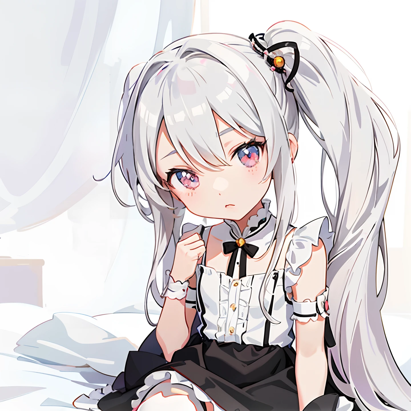 anime girl with long hair sitting on a bed with a white background, loli in dress, small curvy loli, cute anime waifu in a nice dress, anime visual of a cute girl, an anime girl, cute anime girl, anime waifu, small loli girl, young anime girl, soft anime illustration, anime girl, anime girl in a maid costume