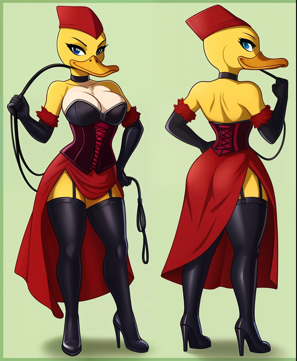 Animal Instinct the female duck supervillain, corset, holding an animal whip, full body view