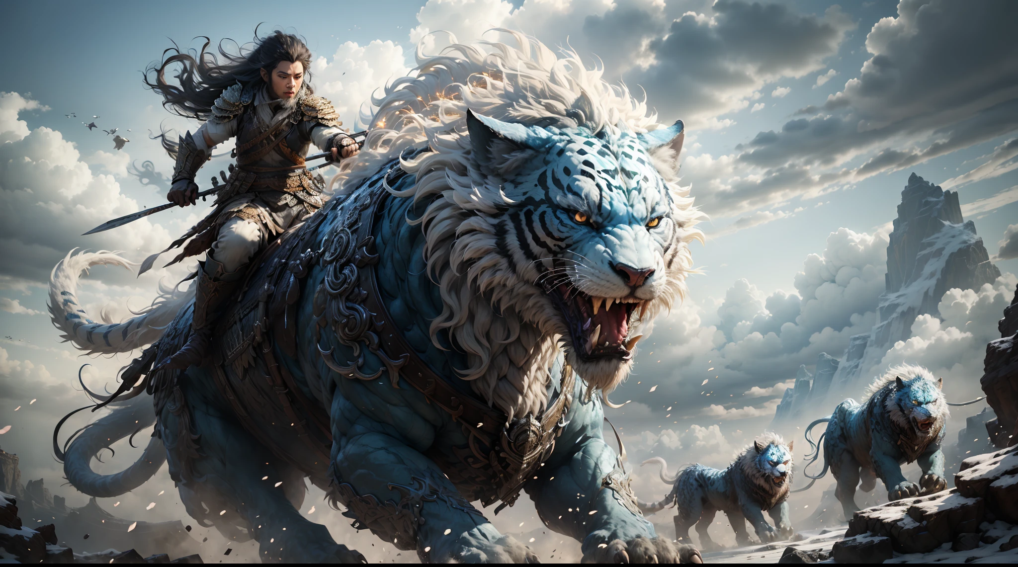 Great Wilderness East Meridian，dream-state、fanciful、tigre、tmasterpiece，Toenails，sickle，salama，Layered hair，White fur，Riding，超高分辨率，high high quality，Export details