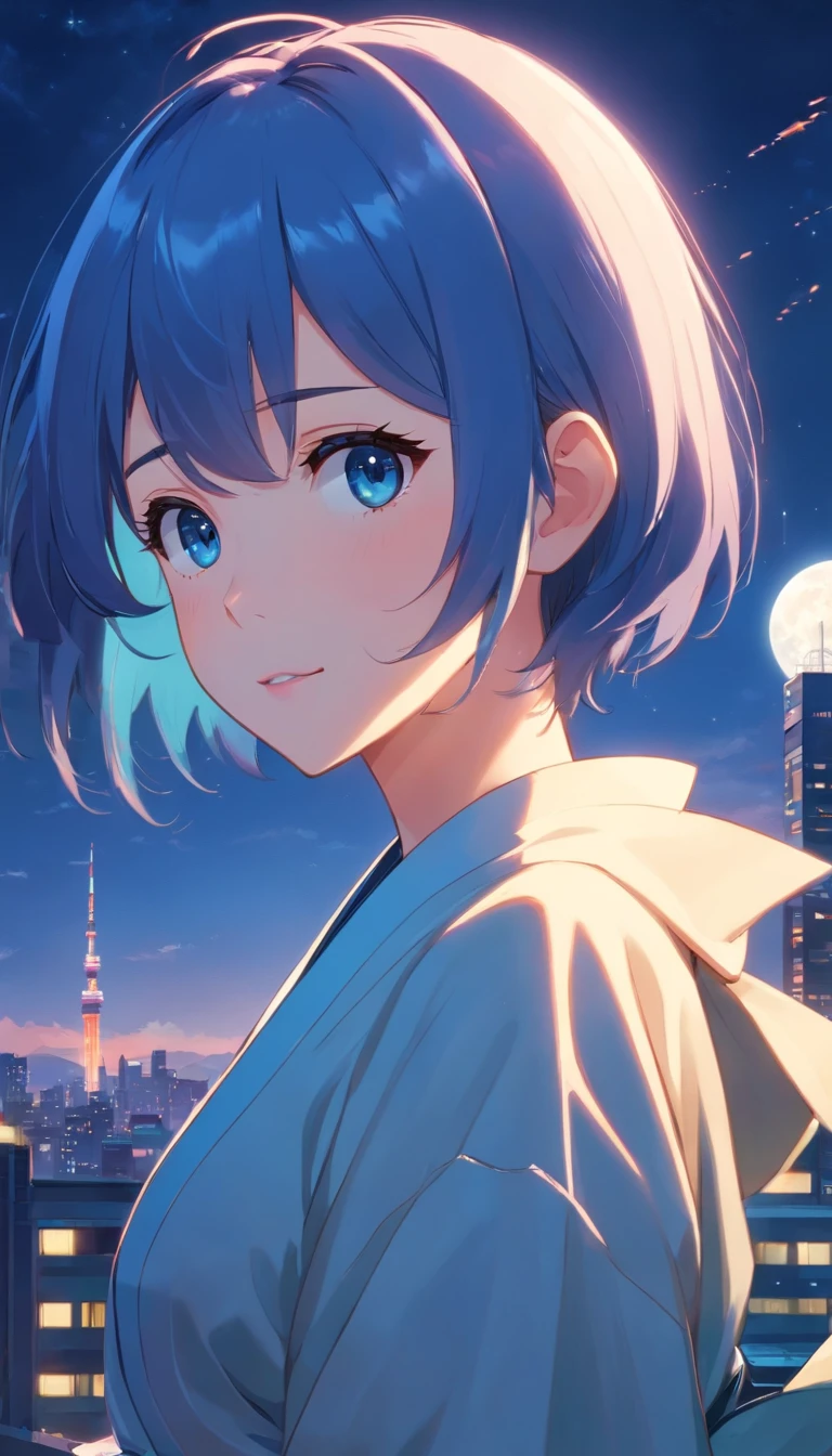 best qualtiy，tmasterpiece，Very detailed，Face Details，8K, 细致背景，1girll，独奏，Blue hair，e Blue Eyes，，Long whit hair，short-hair，voluminous hair，，，Blushlush，ssmile，shawls，Cities of the near future，Japanese clothes，the night，themoon，scenecy，high place，Horizon，the wind，Blowing wind，flowerbed，looking at viewert