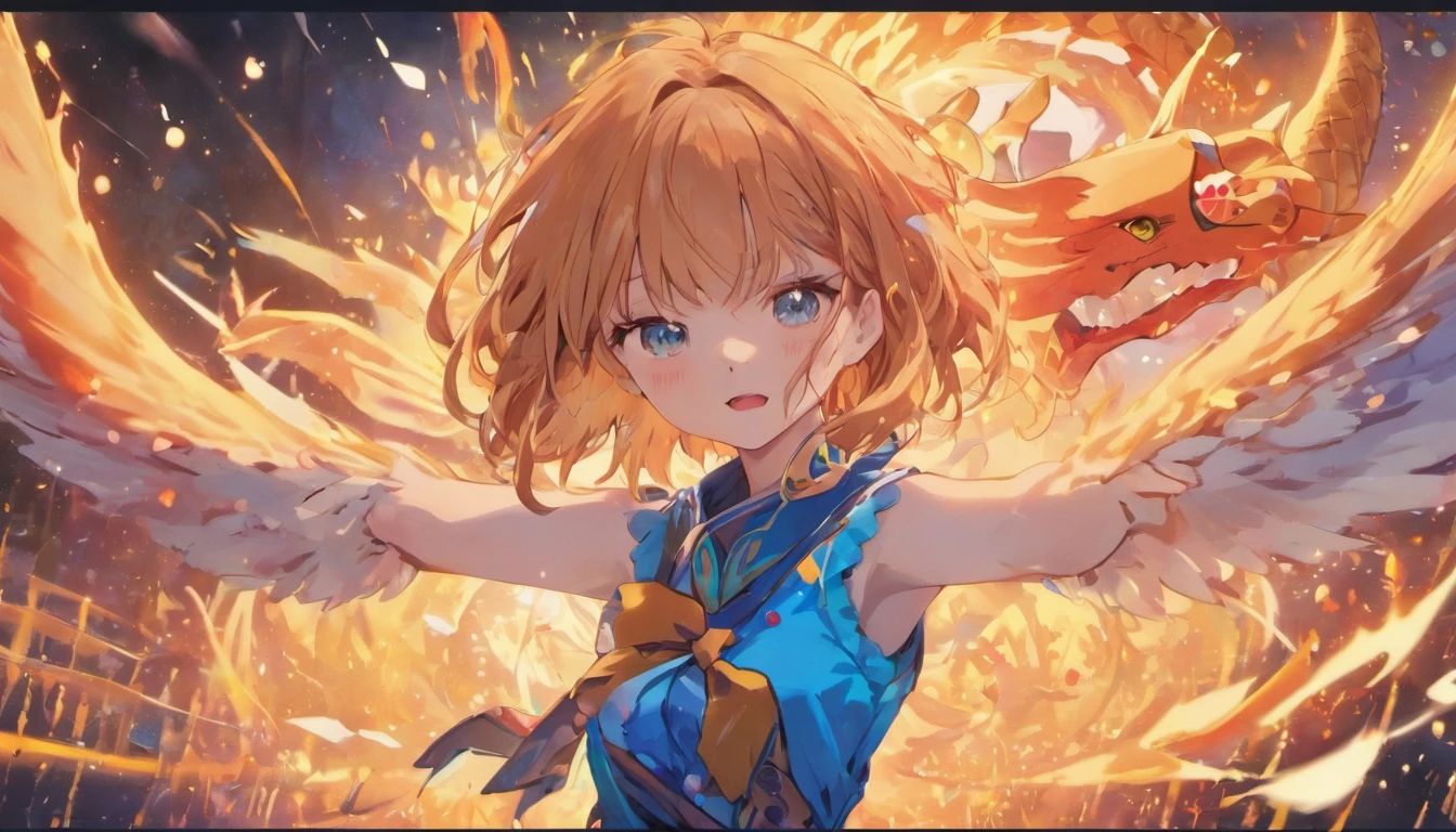 (realistic, high resolution:1.2), (outstanding details, ultra-detailed, 4k:1.2), (vivid colors,photorealistic:1.37), (bokeh), woman, Japanese, blue shirt, sleeveless, realistic details, outstanding details, dragon companion