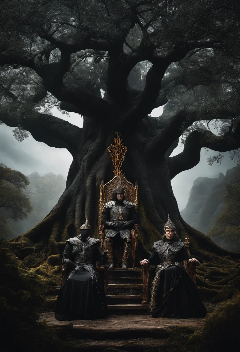 two dark kings and a queen, all dressed in black armor covered in darkness, all sitting on a large, single throne made from a gigantic mystical tree.