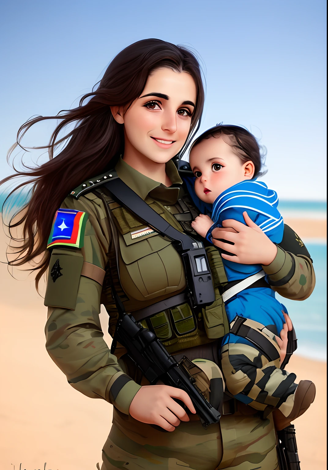 1 mulher soldado israelense, with a baby in the arm, bandeira de israel a fundo, Ultra realista