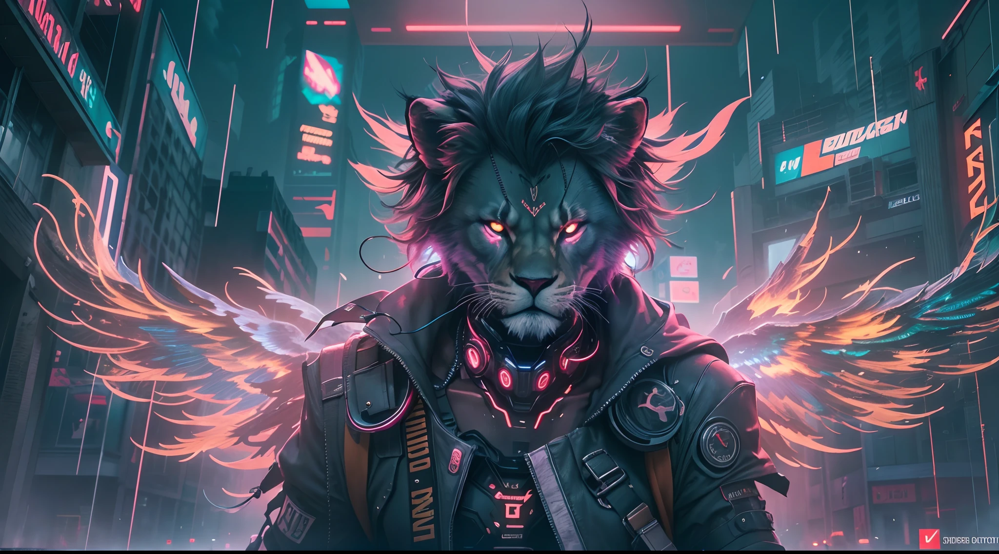 Lion with cyberpunk elements, Powerful wings, and lightning. (Best quality,4K,8K,A high resolution,Masterpiece:1.2),Ultra-detailed,(Realistic,Photorealistic,photo-realistic:1.37),Cyberpunk,Mechanical details,glowing neon lights,view over city,dystopian city,Steel wings,Uplifting atmosphere,Stormy weather,Strike at electric bolts, Intense expression, Fierce eyes, Vibrant colors, Dramatic shadows, Dynamic pose, Futuristic technology, Neon signs, Rain-soaked streets.