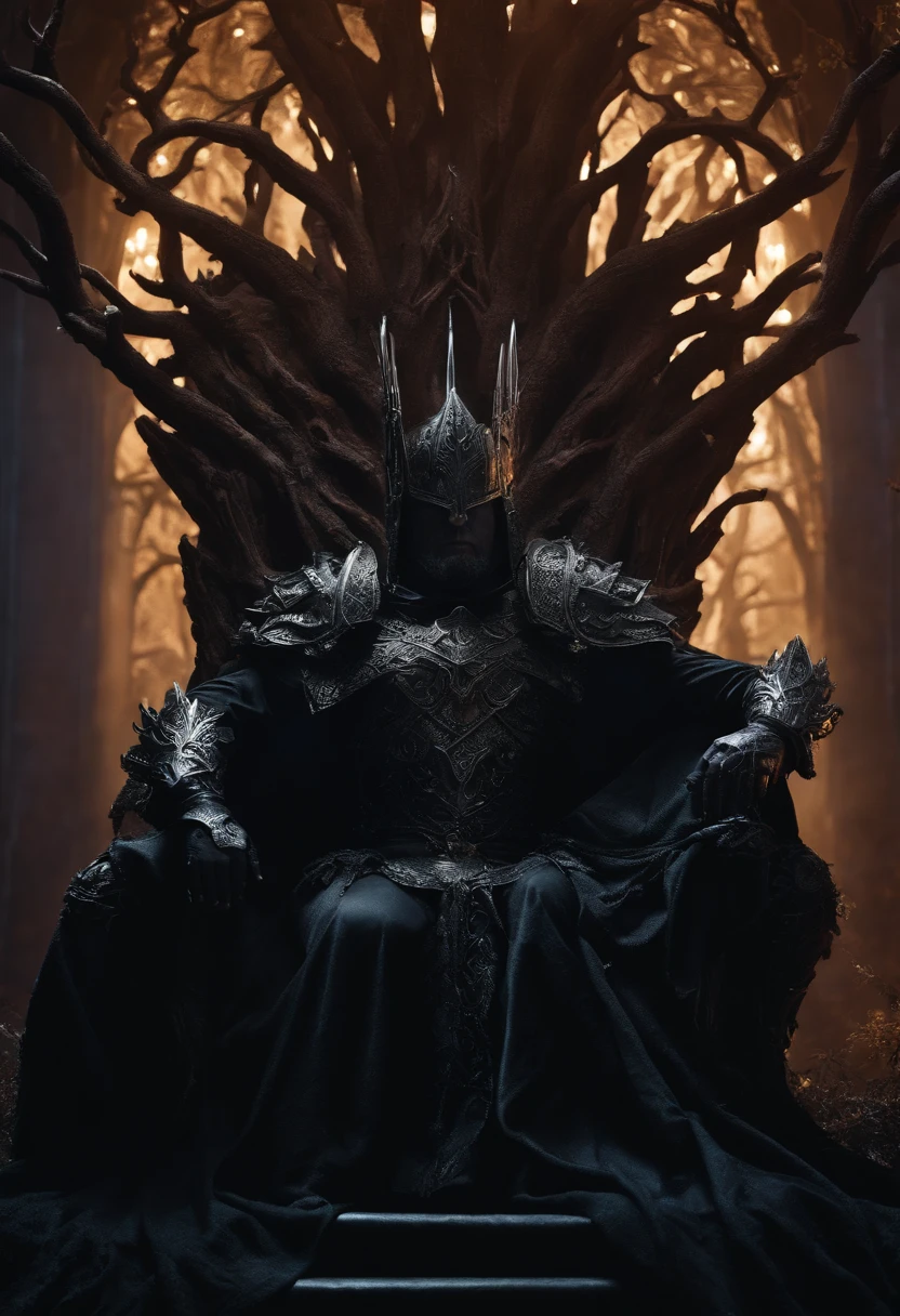 two dark kings and a queen, all dressed in black armor covered in darkness, all sitting on a large, single throne made from a gigantic mystical tree.