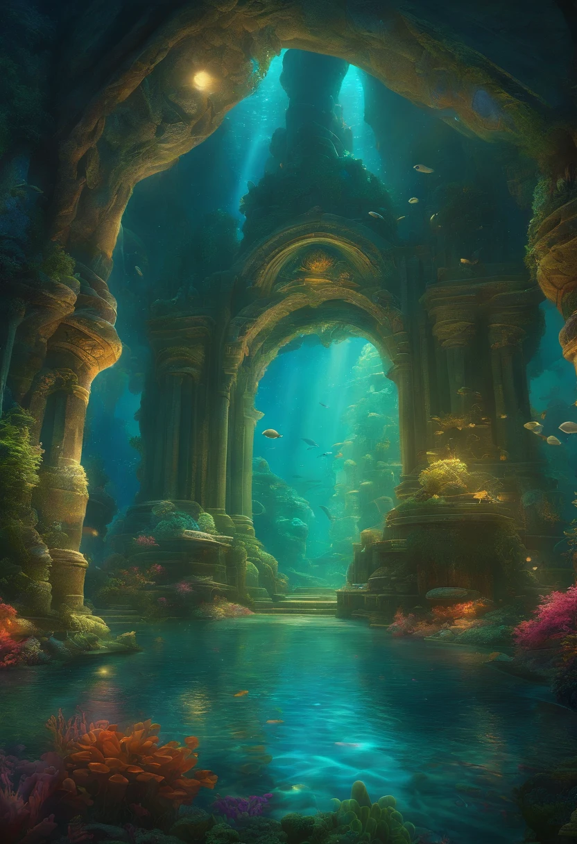 A painting of a transdimensional fantasy world,Underwater world,Atlantis,Science fiction,up lighting,by Ghibli Studio,illusory engine,Epic composition,CG Digital rendering,Ultra HD,technique highly detailed,triadic colour scheme