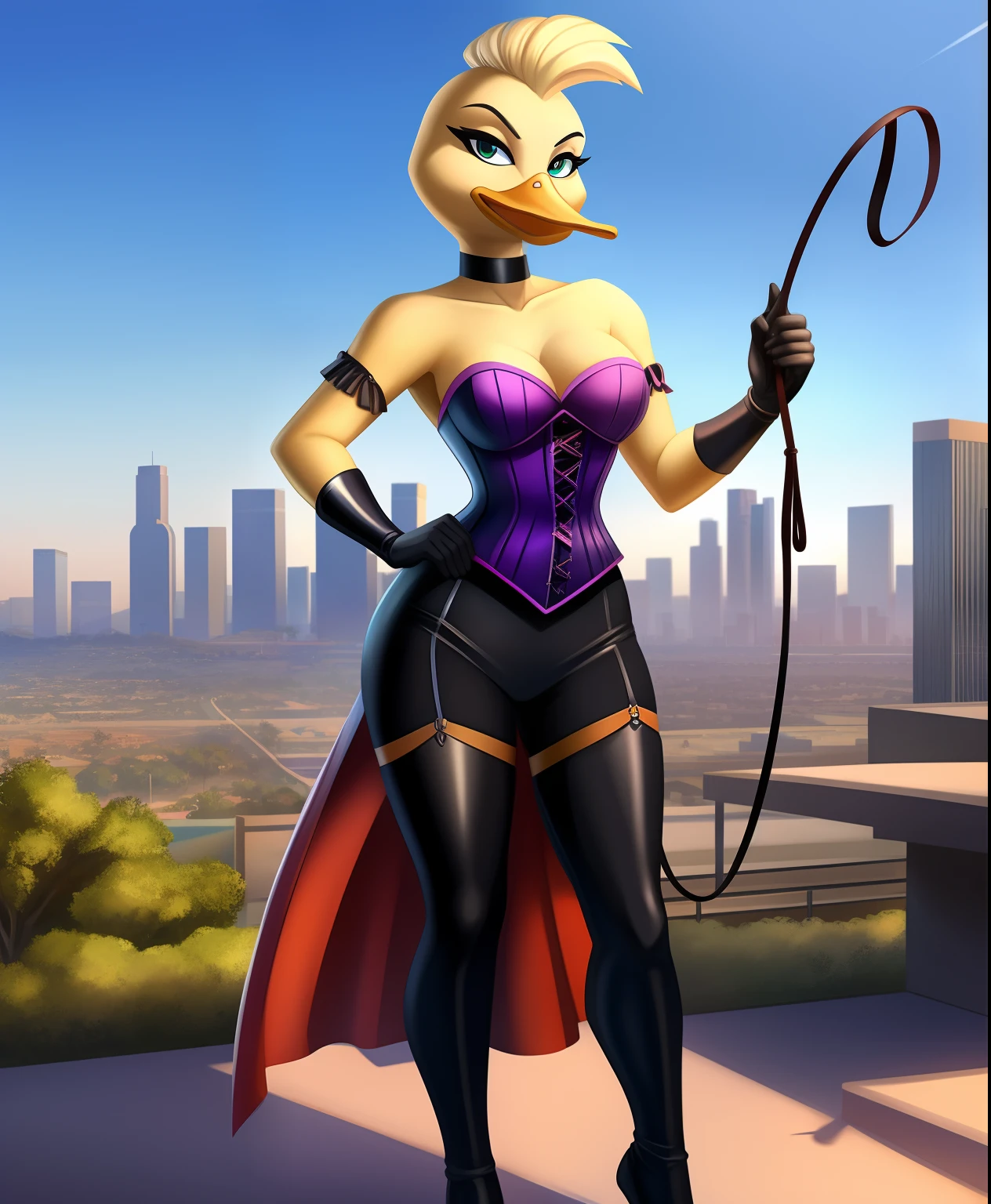 Animal Instinct the female anthro Duck supervillain, holding an whip, boots, Los Angeles Zoo in the background, full body view