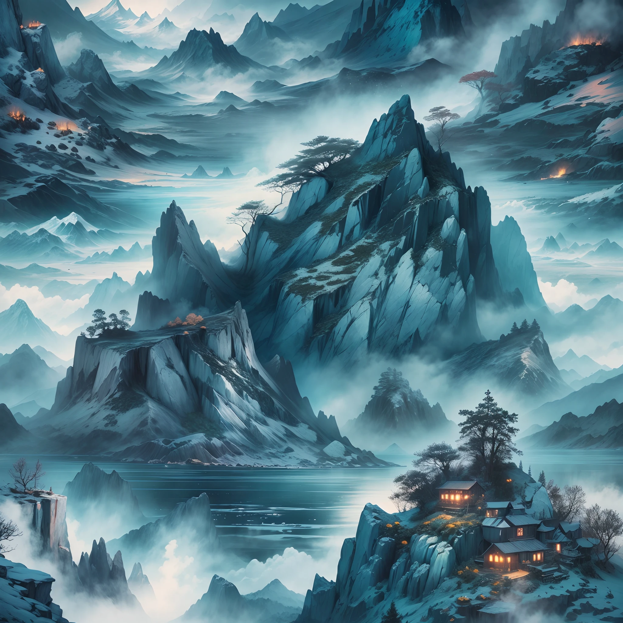 Traditional ink painting style:Detailed mountains and oceans,Mysterious creatures and spirits,A lush,Vibrant landscape,Mythical and magical atmosphere,Dark blue color palette,Hazy and ethereal lighting,Best quality,A high resolution,(Realistic,Photorealistic:1.37),