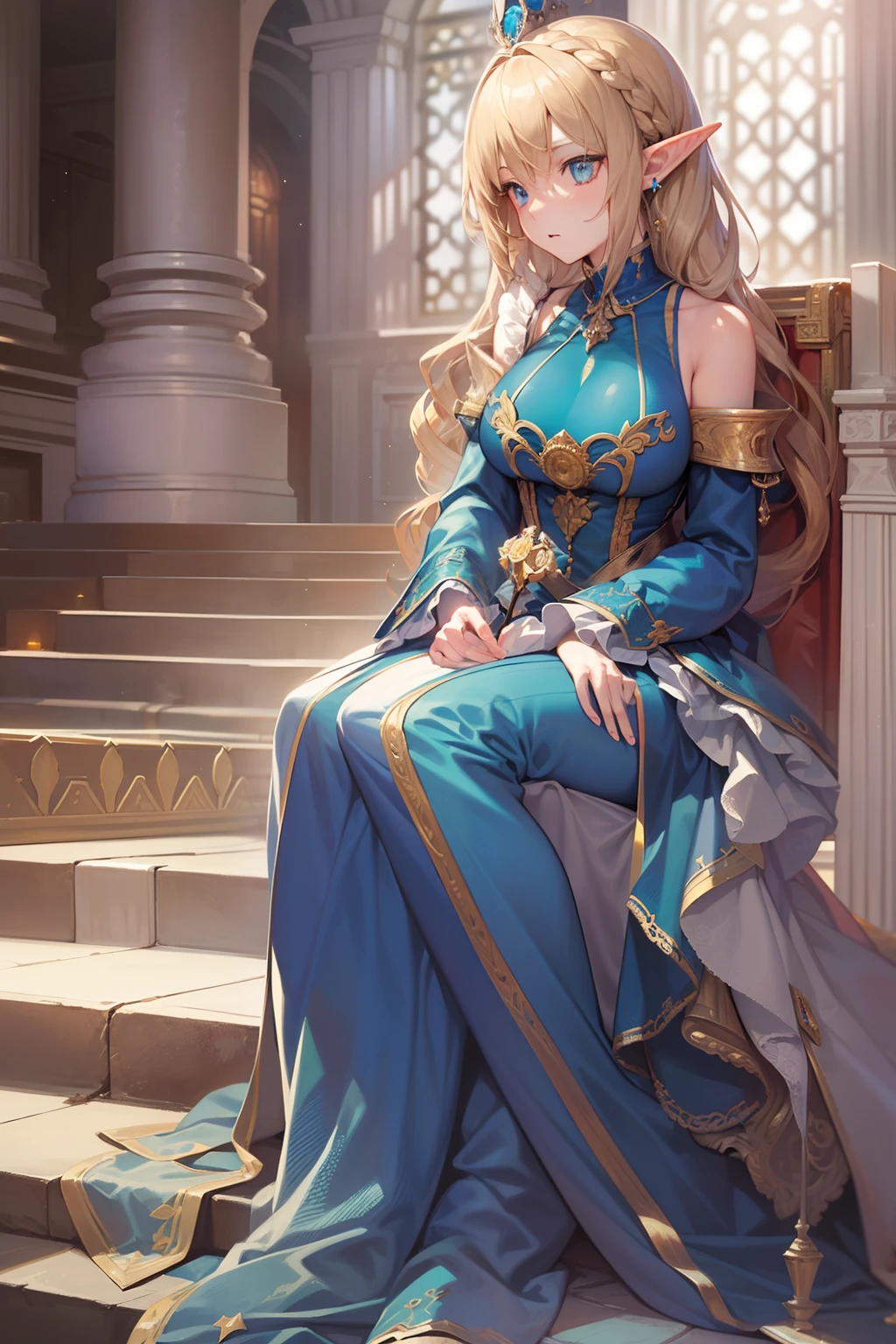 (Realistic), (hight resolution), 4K, 8K, detailed illustration, Ultra-detailed, ambient lights, Backlighting, Realistic Shadows, glowing particles, light Particle, Digital Art, Detailed face, detailed hairs, (ultradetailed eyes:1.2), Soft light, Soft lighting, (Outdoors:1.15), renaissance, Renaissance architecture, Ultra-detailed architecture, Vintage Window, red curtains, (a throne:1.4), (sitting in a throne:1.2), front, Frontal, Giant Throne, Glamorous thrones, a throne, Giant Throne, (Blonde hair:1.15), Bangs, Shiny hair, short braid, Blue eyes, Closed mouth, dignified expression, deadpan, Calm, which are full of confidence (Solo:1.4), maturefemale, Sexy Elf Woman, Full body, toned thighs, Narrow waist, round hip, (huge perky chest:1.1), crossed legs, (arms folded:1.1) (elegant blue dress:1.1), ornate clothing, ornate dress, (Blue Off Shoulder Dress:1.1), Bare shoulders, Skindentation, (Blue Dress:1.1), (White puffy sleeves, Long sleeves, juliet sleeves:1.1), Long Sexy Dresses, cleavage, Covered , (Ballroom Gown:1.3), (frilly dress:1.3), (Jewelry:1.15), Collar, gorget, gold trim, Regalia, knight (NSFW 1.1)