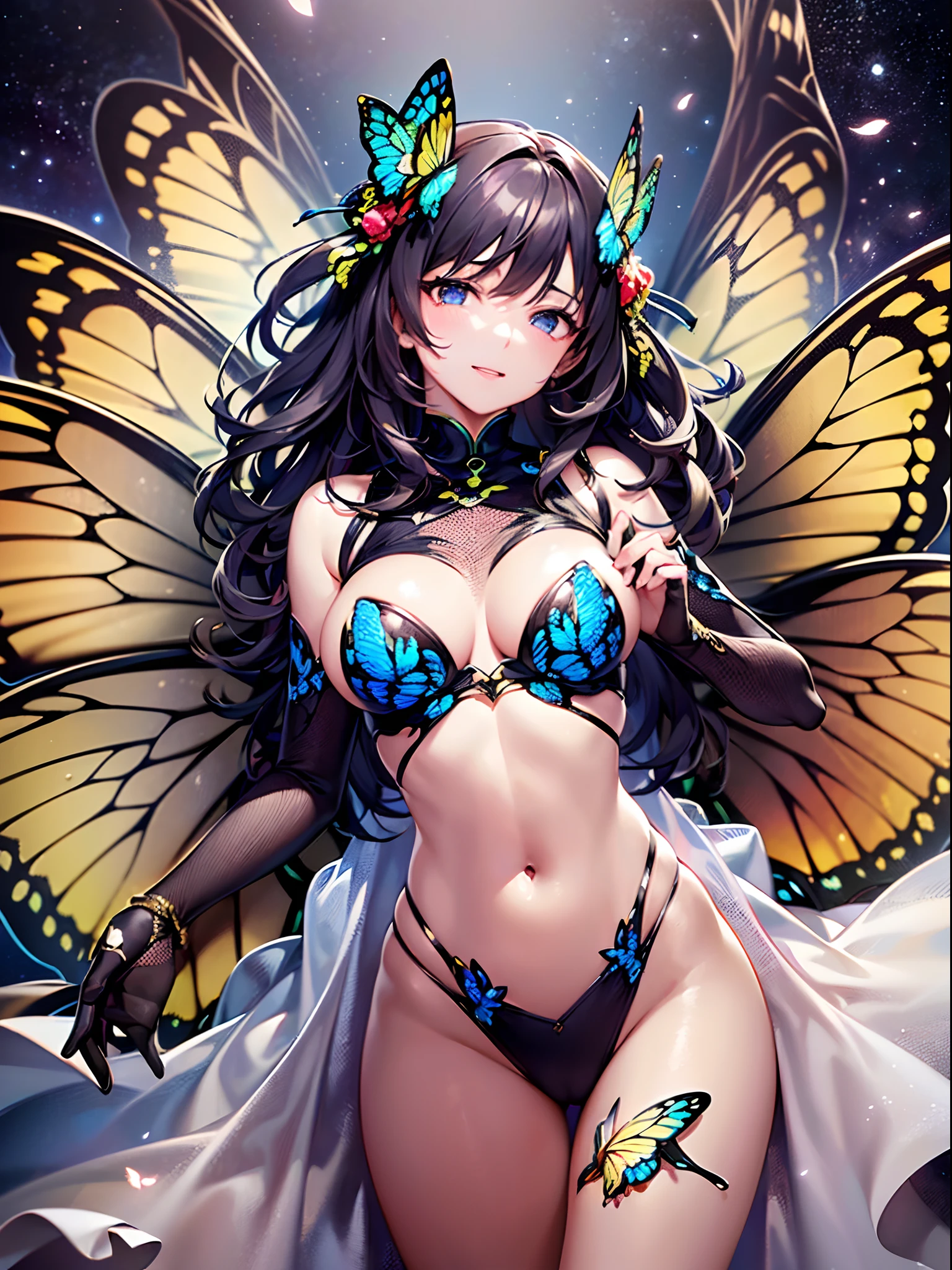 ((Finest quality)),(超A high resolution),(ultra-detailliert),(Meticulous portrayal),((Best CG)),(Finest works of art),Ultra-Precision Art,The art of astounding depiction, (1人:1.8),Butterfly wings,Swallowtail butterfly,Thin fabric clothing:1.5, overhead shot:1.6