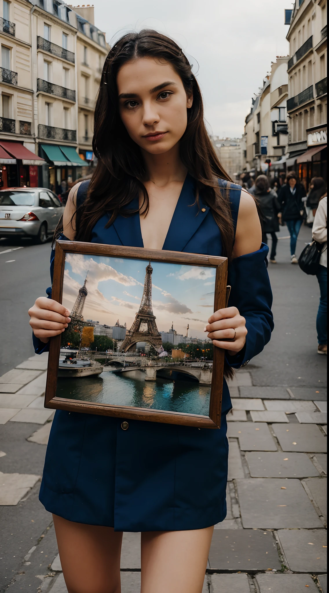 Eccentric world traveler in Paris holding an 18 inch by 36 inches sign