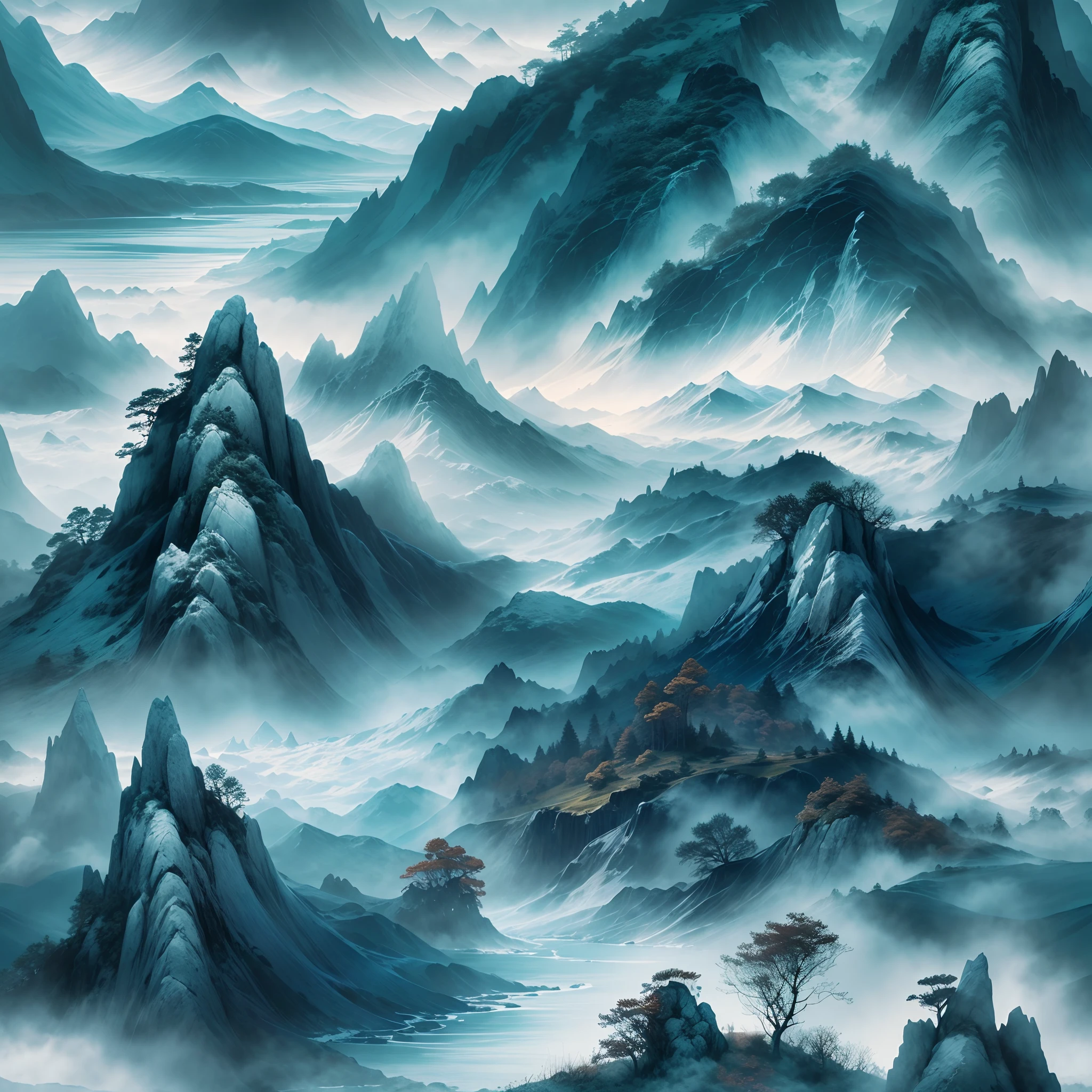 Traditional ink painting style：Detailed mountains and oceans,A lush，Vibrant landscape,Mythical and magical atmosphere,Dark blue color palette,Hazy and ethereal lighting，Best quality,A high resolution,(Realistic,Photorealistic:1.37),