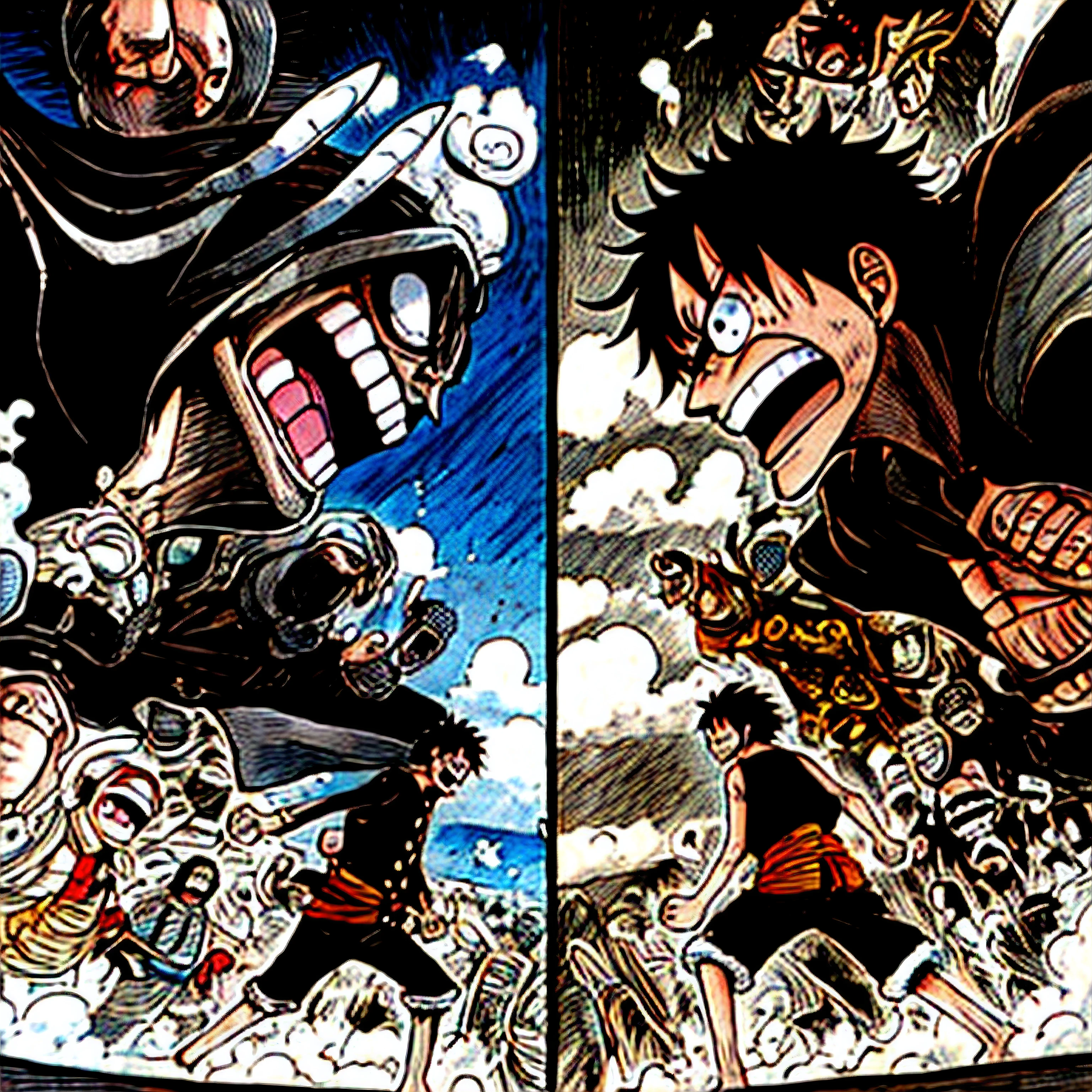 Two pages of a piece of a comic book with a picture of a man and a woman fighting, Directed by: Eiichiro Oda, Engrenagem Luffy 5, black and white manga page, award winning manga style, black and white manga panel, striking manga artstyle, from one piece, Estilo Eiichiro Oda, color spread, black and white manga comic, Mega varreduras