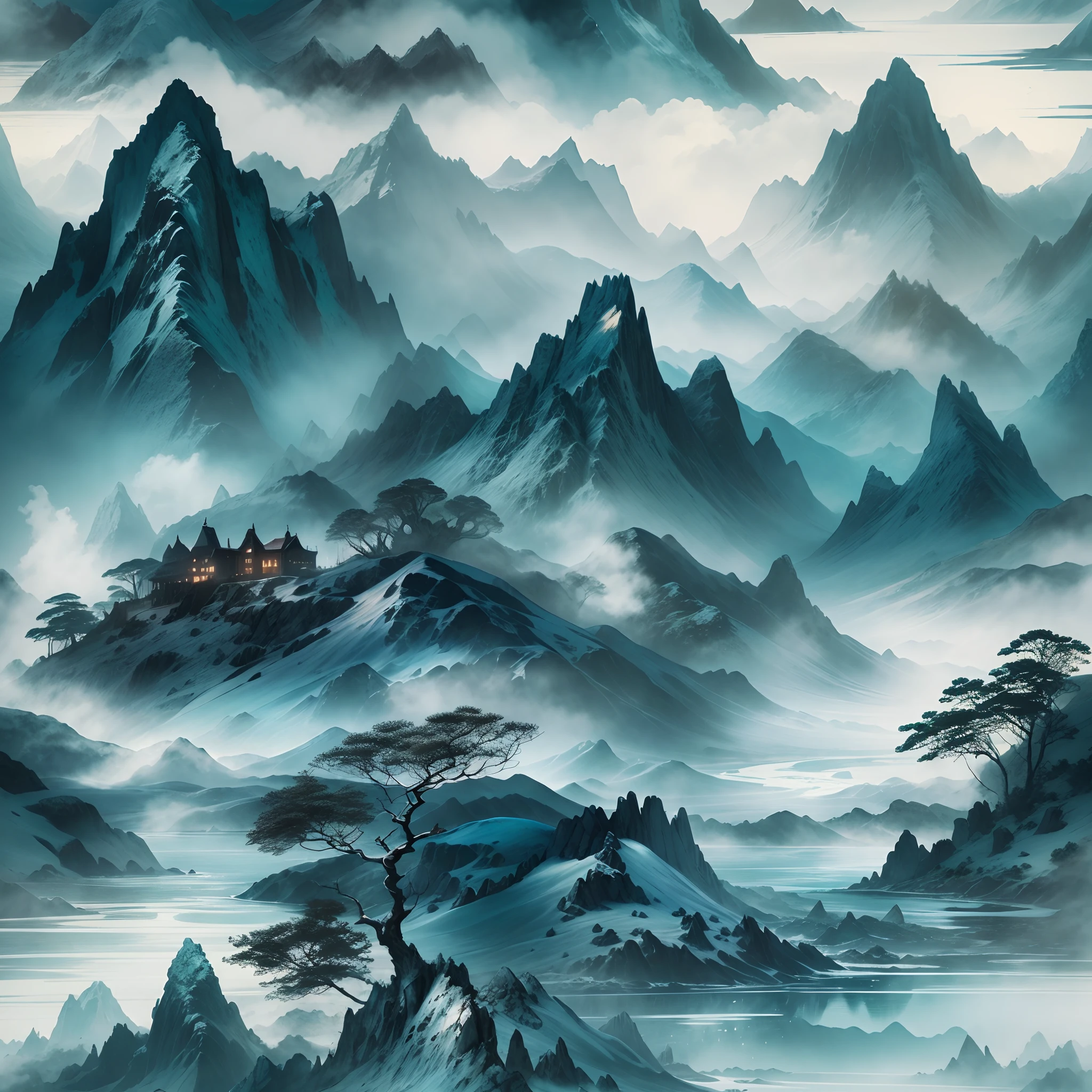 Traditional ink painting style：Detailed mountains and oceans,A lush，Vibrant landscape,Mythical and magical atmosphere,Dark blue color palette,Hazy and ethereal lighting，Best quality,A high resolution,(Realistic,Photorealistic:1.37),