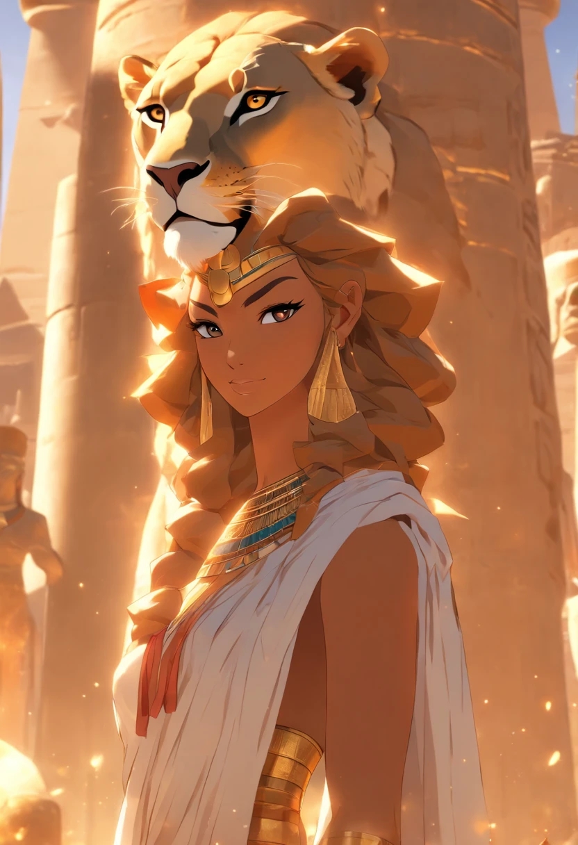 (((Girl body and lioness head)), best quality, very high resolution, 4K detailed CG, masterpiece, Egyptian mythology, SEKHMET, sun in the background, Ancient Egypt, standing pose, goddess Lioness, white clothes, egyptian clothing, egyptian temple, desert, ancient egypt, ((lioness head, man's body)), egyptian palace, aesthetics, beautiful image, centered on screen, standing pose