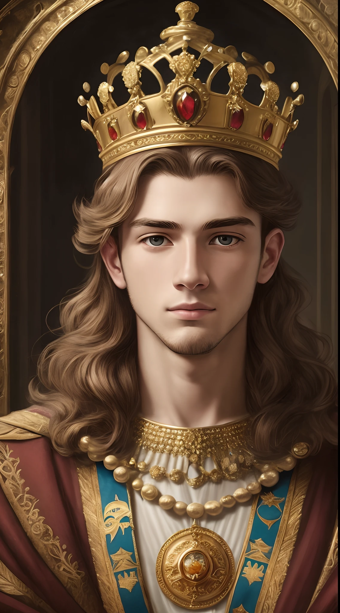 A young man of twenty-five years wearing a crown on his head, on the throne, high realistic image, high resolution,8k --auto --s2