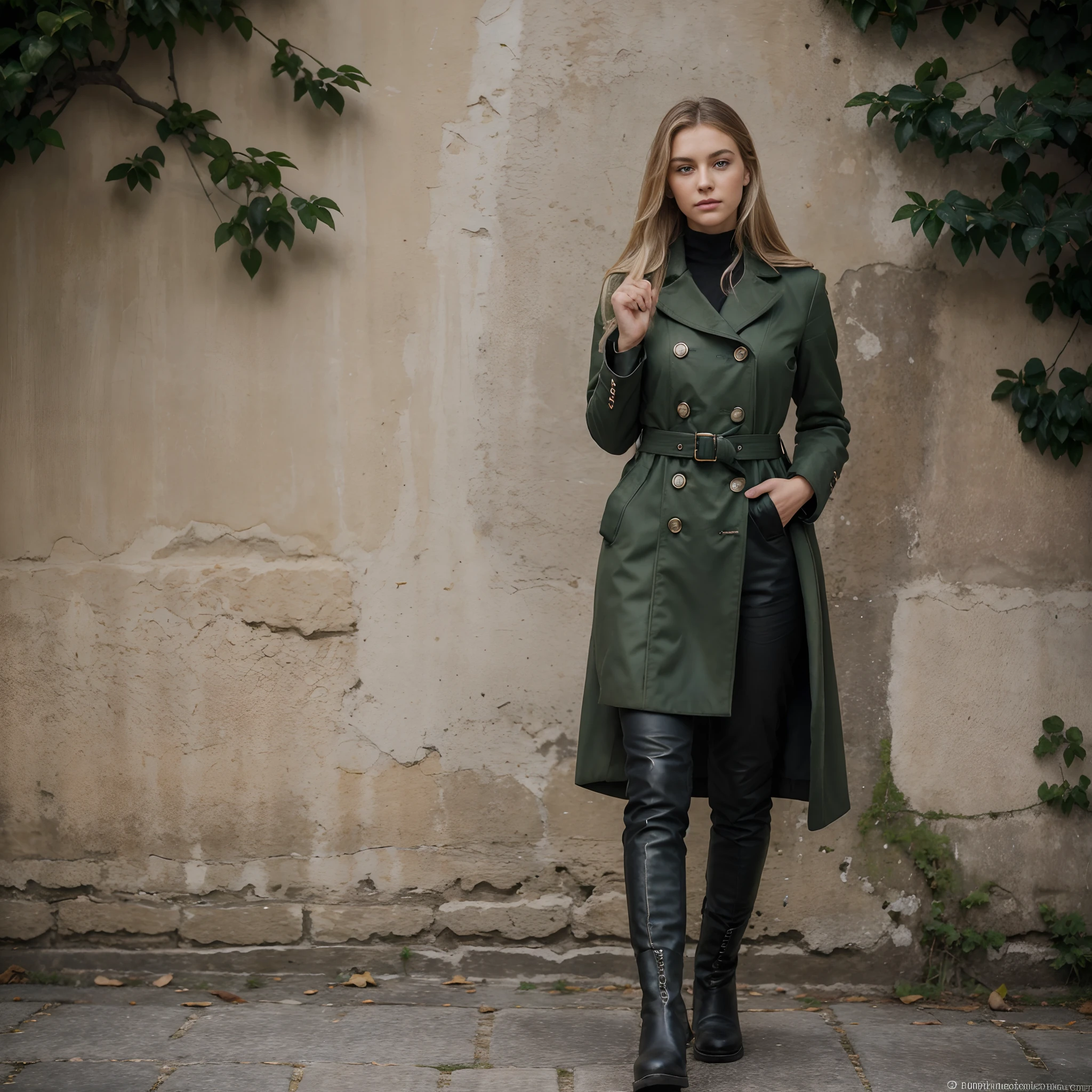 One lonely young adult girl, Tall stature, little chest, closed mouth, Slavic appearance: Green eyes; blond hair; sharp facial features; dimple on the chin; Straight nose; high nose; pronounced high cheekbones; high forehead, stands upright, wears a military uniform: Dark green double-breasted overcoat with 6 fasteners; gray pants; high black boots; black leather gloves, standing in the middle of the street, The background in the picture: A street with a stone paved road with European stone houses from the first half of the 20th century; People in clothes of the mid-20th century, High quality shadows, High quality of light, High quality clothing, Masterpiece picture quality, max detail, Masterpiece quality, High definition of the picture.oil paintin, acrylic painting