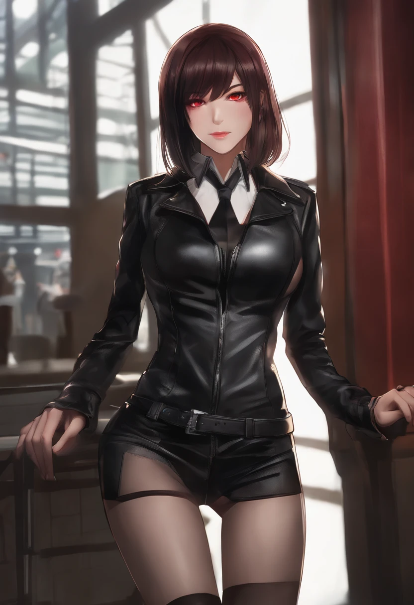 (masutepiece, of the highest quality, super definition, Ultra Definition), Solo, Full body, (Black leather jacket), (Clear expression of body unevenness), Looking at the camera, , Female body, Red Eyes, Black bob hair, front zoom, horizontal seat, yandere, strong make up, Constricted pupils, Deep Shadows, SFW, Dark, Detailed hand, Tall Woman, sadistic smile, Looking from below,