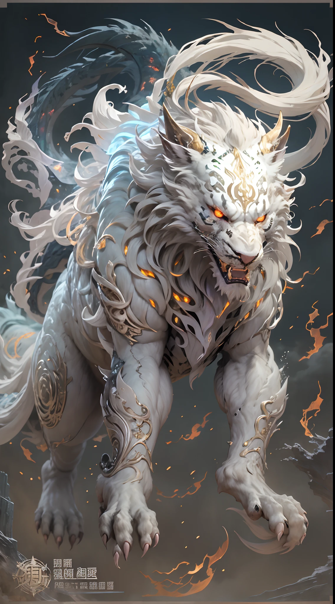 dream-state、fanciful、manticore、tmasterpiece，Toenails，sickle，salama，Layered hair，White fur，Riding，超高分辨率，high high quality，Export details，Great Wilderness East Meridian，