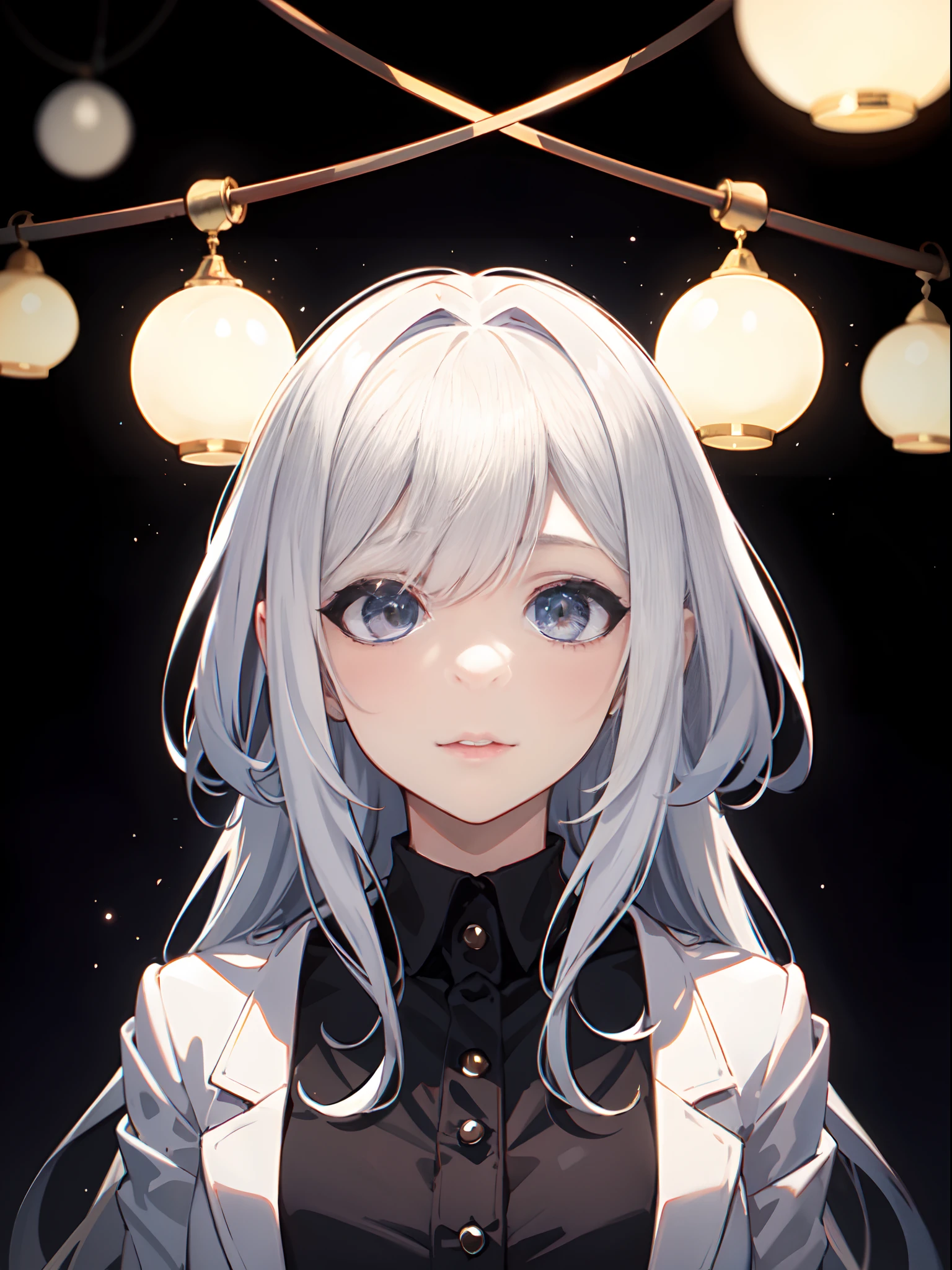 there is a woman with a white face, warm glow from the lights, high quality, pretty face is brightly lit