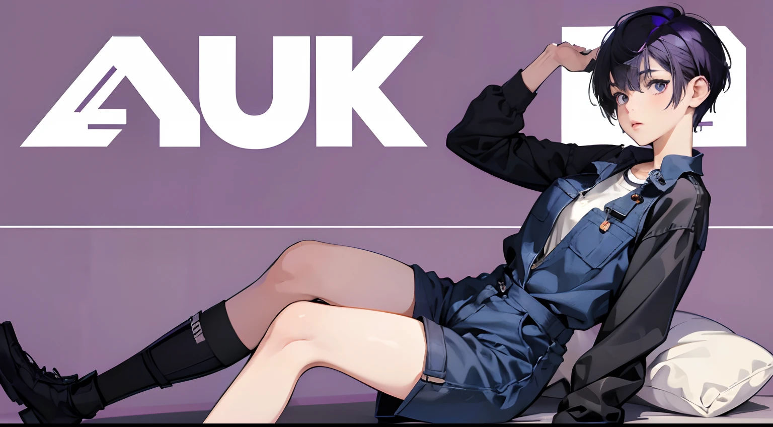 (Best Quality,4K,High resolution), girl with, Purple mesh hair on black hair, Bery short hair, disheveled short hair, deadpan, Coveralls,Short pants,Comical appearance,Background to the return,comic strip,animesque,Comical illustration,Deformed cute illustration,Looking at the camera,Cold eyes、Poster-like depiction