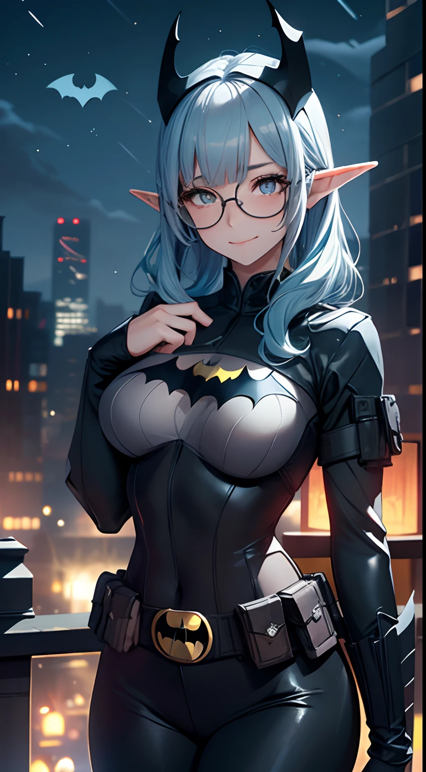 masterpiece, a elf wearing batman clothes, she is alone at night, she is smilling, pefect face, expressive eyes,[: (light blue hair:1.3), (blunt bangs:1.3), circle glasses:8], (tight clothing), naughty,mischevious, (batman:1.5), clothes, batgirl, (black shirt:1.3), (black pants.1.3), full black shirt, BREAK loong sleeves, bat signal on chest, 1girl, solo, alone, cute, dark, (night:1.5), black belt,circle-glasses,  long hair, smile,
BREAK modern city, perfect lighting, 4k,UHD, cinematic, street, cool light, perfect scenary, medium sized breasts, professional image, perfecet shading, vivid colors, stuning eyes, beautiful eyes,