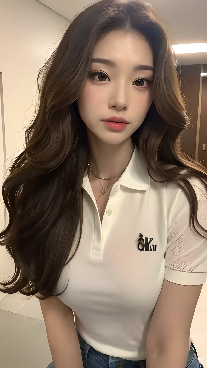 ((best qualtiy, 8K, tmasterpiece:1.3)), Focus:1.2, perfect figure beautiful woman:1.4, Cocked buttocks:1.2, ((Random Long Hairstyle In Long Waves) ((Brown Wavy Hair In Long Curls)) (Long white legs:1.3,(Polo shirt:1.2) , (inside in room: 1.2), Highly detailed facial and skin texture, A detailed eye, 二重まぶた,Whiten skin,(Straight big breasts:1.3), looking at camera, ((Wearing A Chocker))