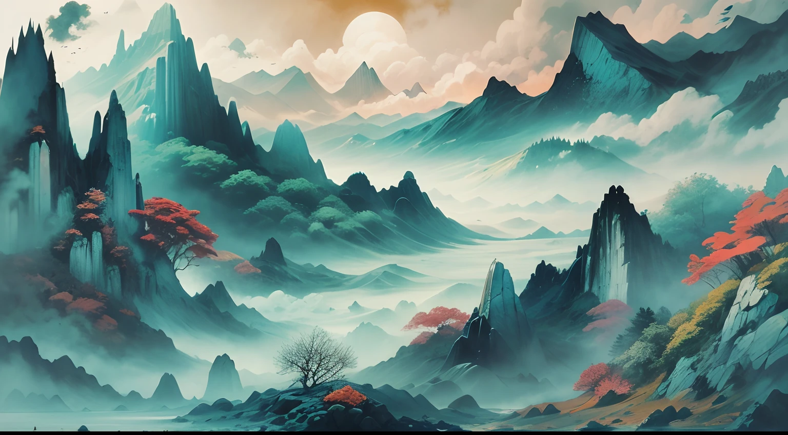 Traditional ink painting style：Detailed mountains and oceans,Mysterious creatures and spirits,A lush，Vibrant landscape,Mythical and magical atmosphere,Dark blue color palette,Hazy and ethereal lighting，Best quality,A high resolution,(Realistic,Photorealistic:1.37),