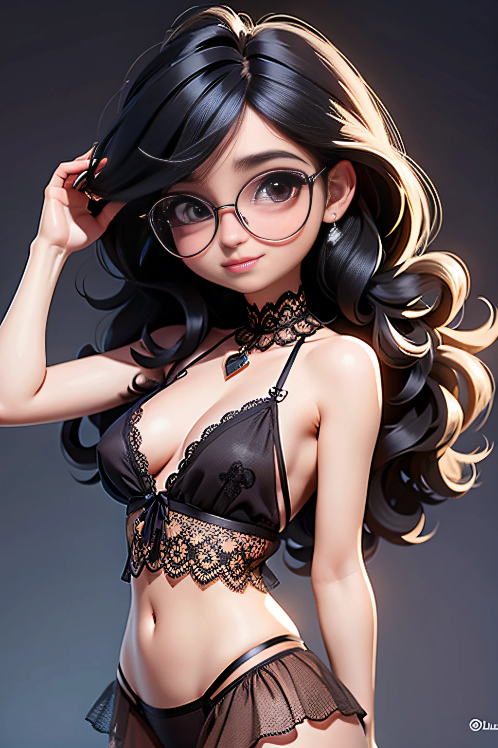 Loli linda chica negra, Cabello atascado, cabello suelto, tetas grandes, Accesorios modernos , gafas, ojos detallados, Sonrisa detallada, ((Only black lace lingerie)), Pose playa, Detalles detallados, Mostrar la espalda a la cama, holographic,  Fondo claro y simple