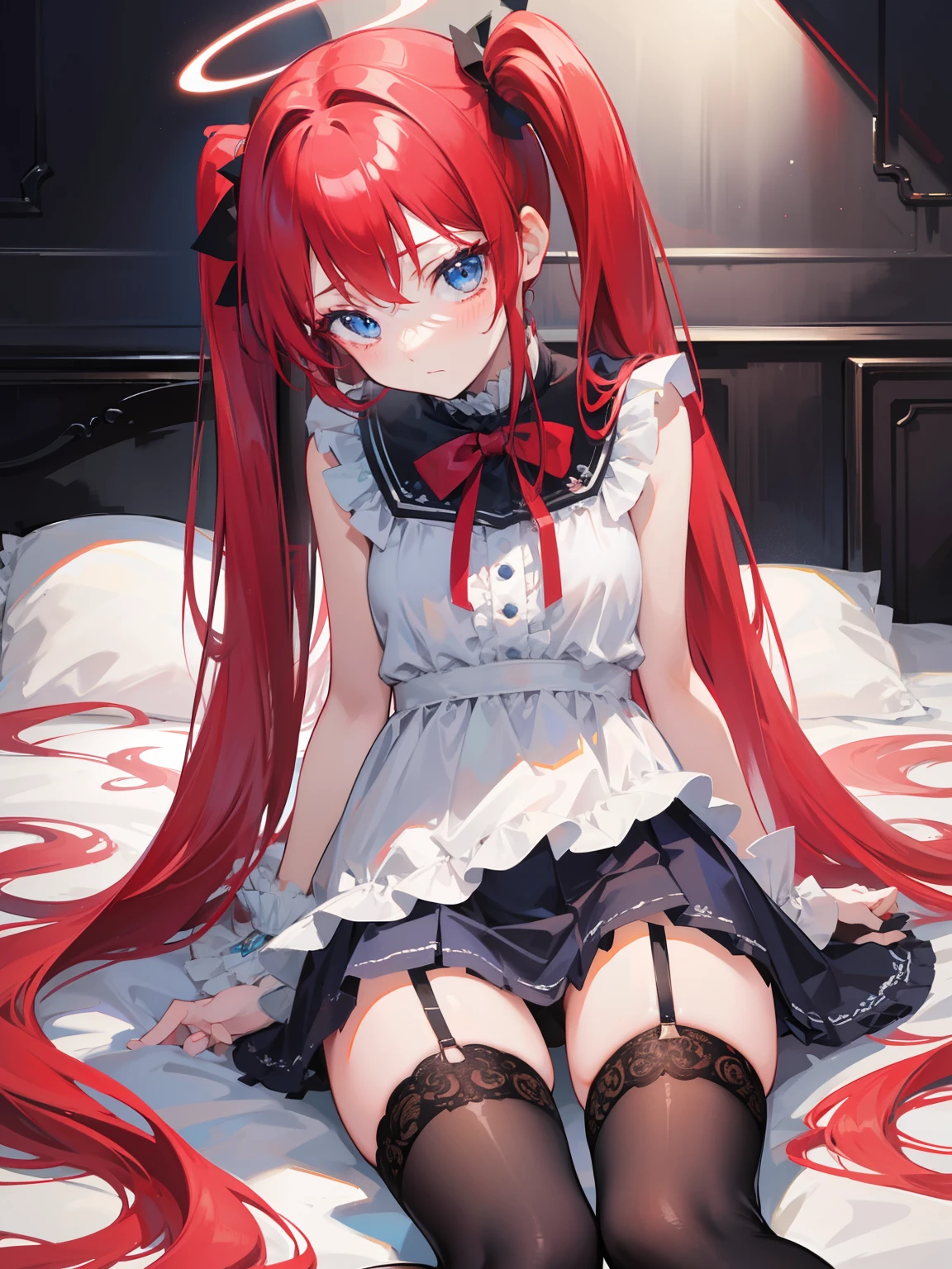 Red hair,Blue eyes,Twintails, Long hair, Solo, Loli, Black stockings,{{Best quality}}, {{Masterpiece}}, {{Ultra-detailed}}, {illustration}, {Detailed light}, {An extremely delicate and beautiful},,Cute,Angel, halo