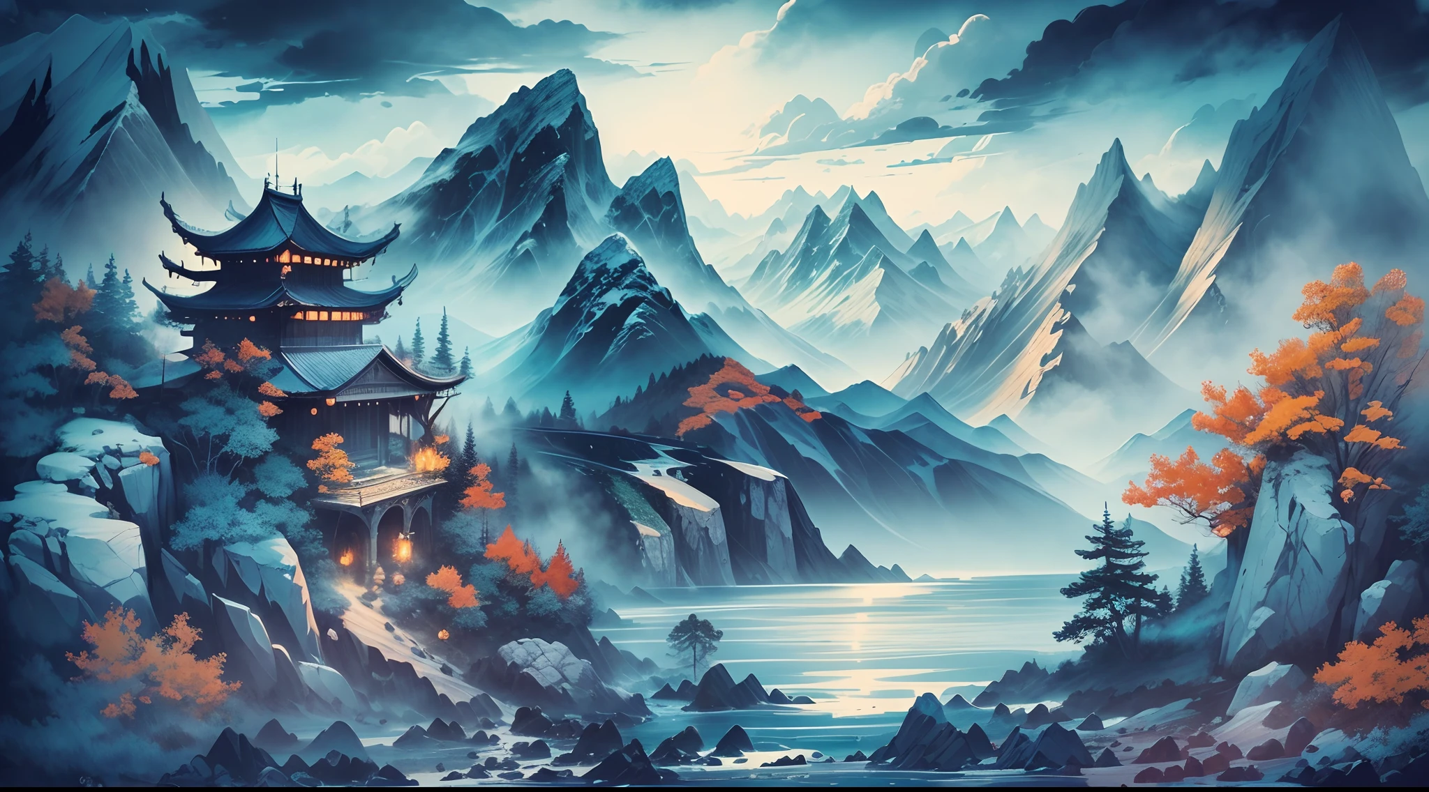 Traditional ink painting style:Detailed mountains and oceans,A lush,Vibrant landscape,Mythical and magical atmosphere,Dark blue color palette,Hazy and ethereal lighting,Best quality,A high resolution,(Realistic,Photorealistic:1.37),