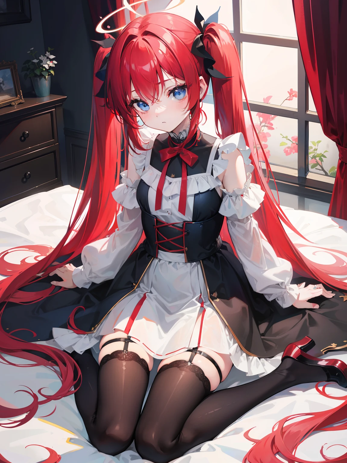 Red hair,Blue eyes,Twintails, Long hair, Solo, Loli, Black stockings,{{Best quality}}, {{Masterpiece}}, {{Ultra-detailed}}, {illustration}, {Detailed light}, {An extremely delicate and beautiful},Little girl,Cute,Angel, halo