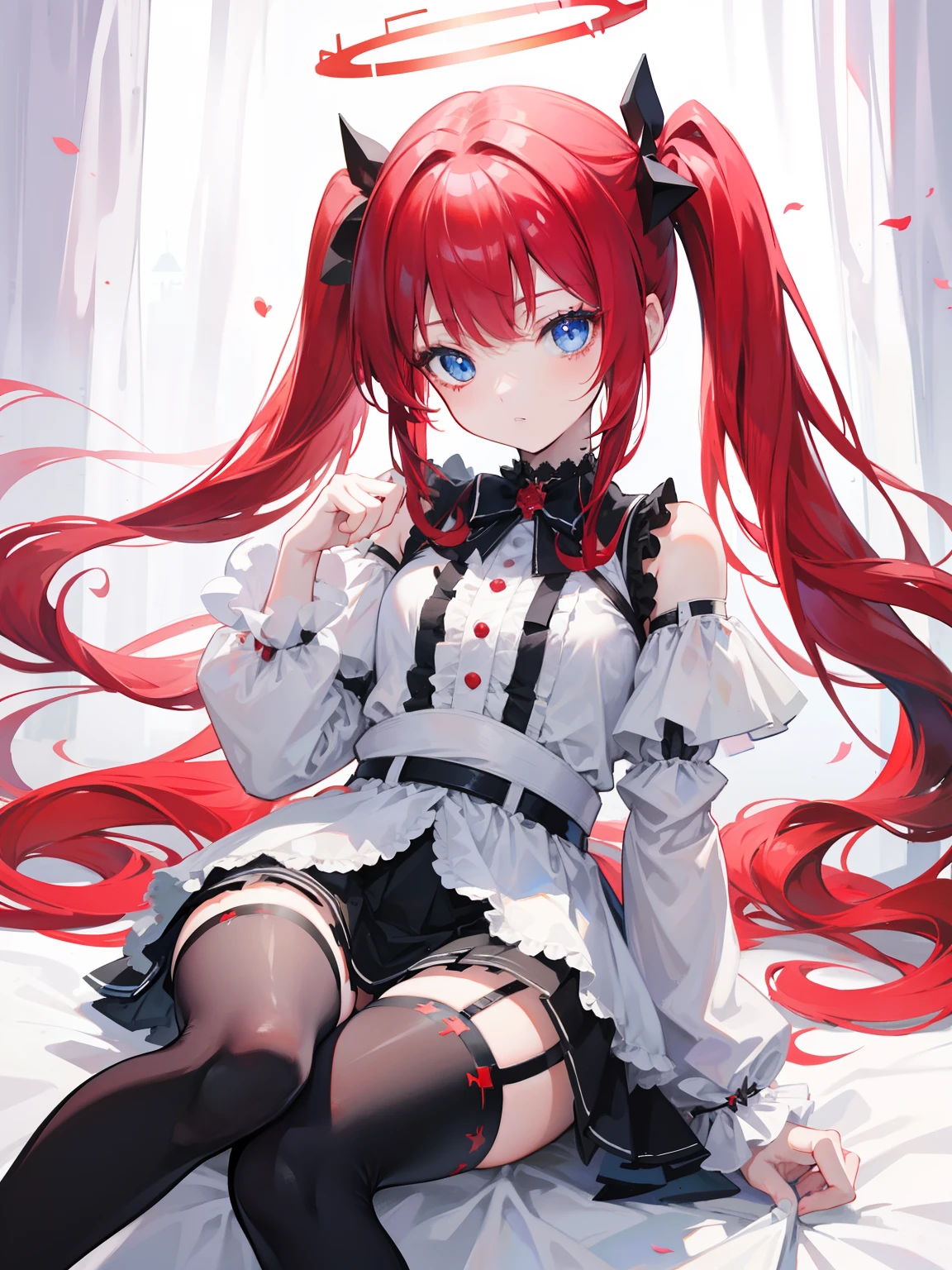 Red hair,Blue eyes,Twintails, Long hair, Solo, ****, Black stockings,{{Best quality}}, {{Masterpiece}}, {{Ultra-detailed}}, {illustration}, {Detailed light}, {An extremely delicate and beautiful},***********,Cute,Angel, halo