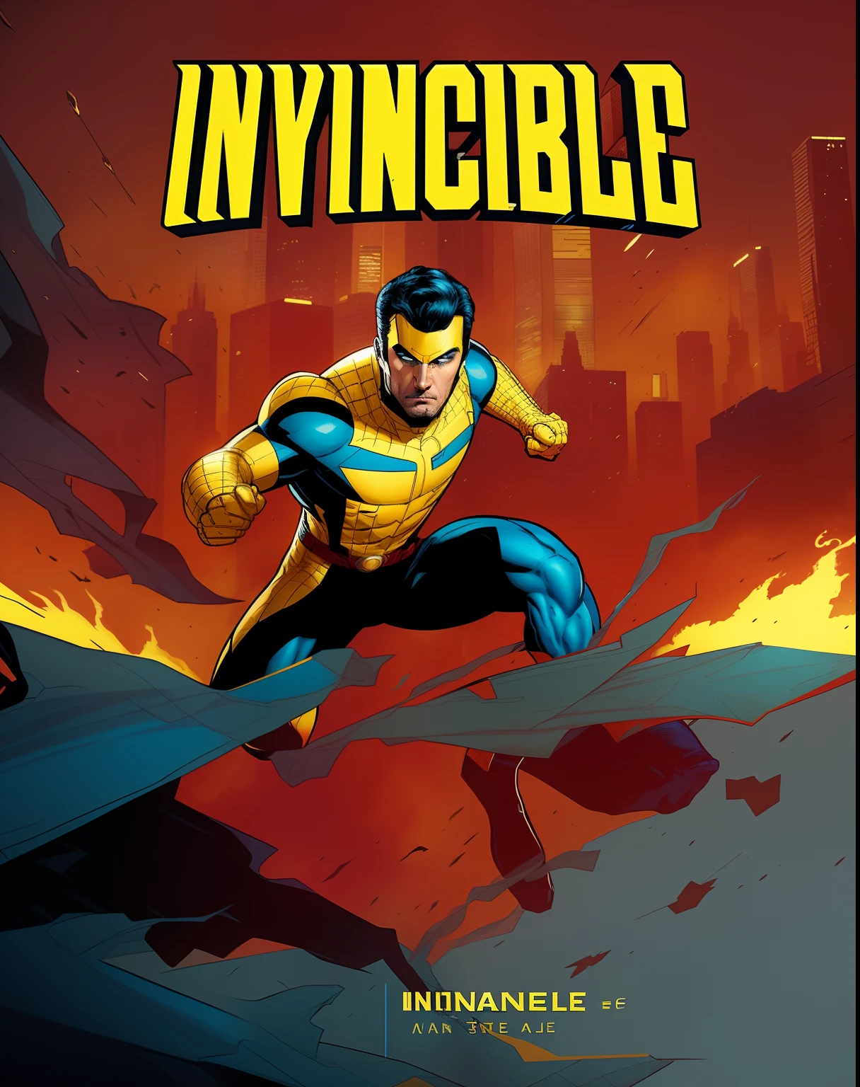 a poster of a man in a yellow and blue outfit running through a city, art of invincible, invincible, omni man vs invincible, standing tall invincible, in style of marvel comics, incredible movie poster, in style of marvel and dc, epic comic book style, comic book cover visual style, in style of marvel, comic book cover style, marvel comics style