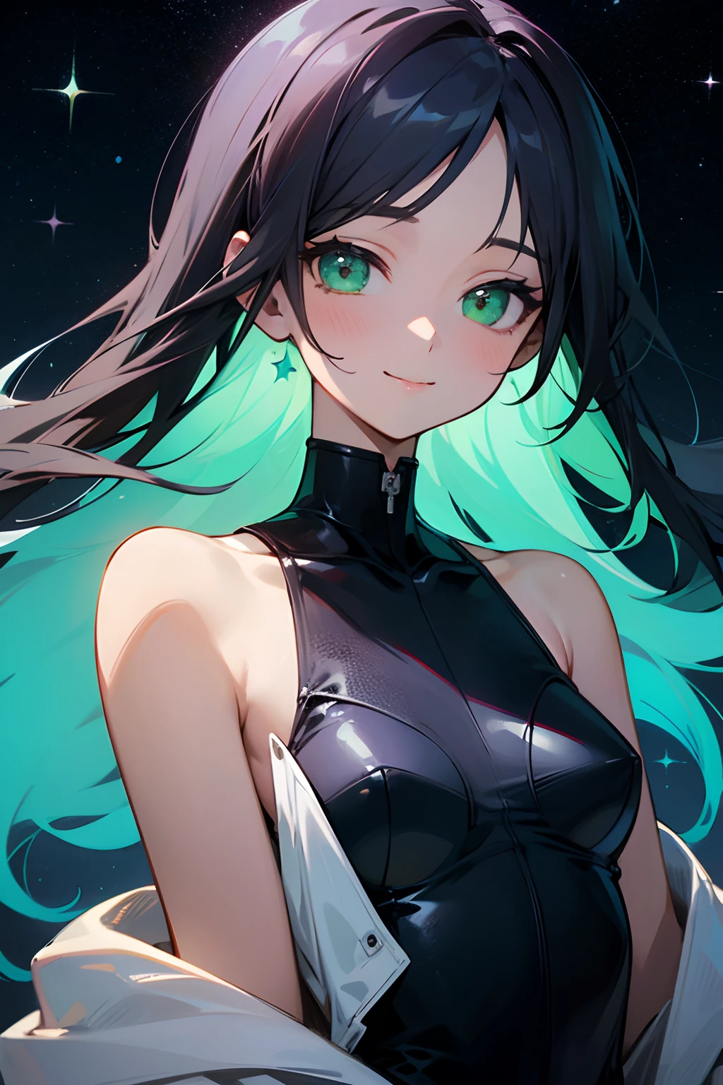 upper body shot, alluring, slender girl, deep-purlpe hair, green eyes, warm smile, textured eyes, intricate black leotard, starry background, calming and tranquil atmosphere, good anatomy, highest quality, masterpiece:1.2, hyper-detailed, vivid