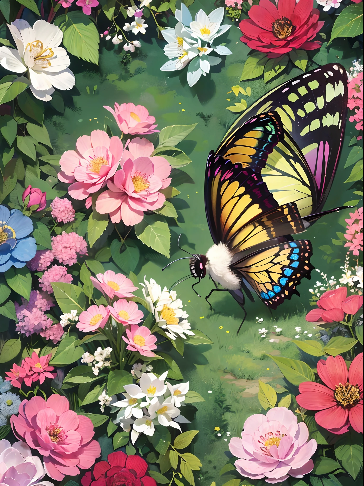 ((Finest quality)),(超A high resolution),(ultra-detailliert),(Meticulous portrayal),((Best CG)),(Finest works of art),Ultra-Precision Art,The art of astounding depiction, (One Fairy:1.8,teens girl),Swallowtail butterfly wings:1.6,Antennae of butterflies:1.6,Thin fabric clothing:1.5, overhead shot:1.6 butterflies,Colorful flowers