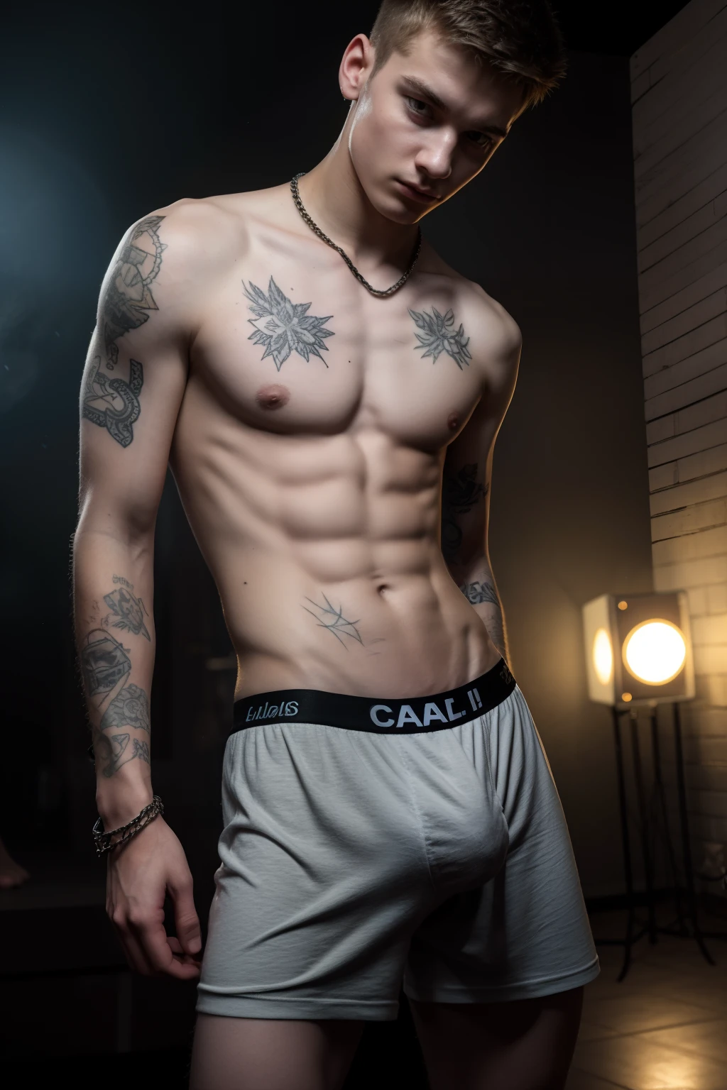 Teen male, 16yo, atmospheric, S.T.A.L.K.E.R style, fog, chromatic aberration, sexy masculine square face, chainlet, tight patterned boxers, skinny body, fag, slave, dominated, bokeh, film, posing, film noise, knell, scars, tattoos, bristle