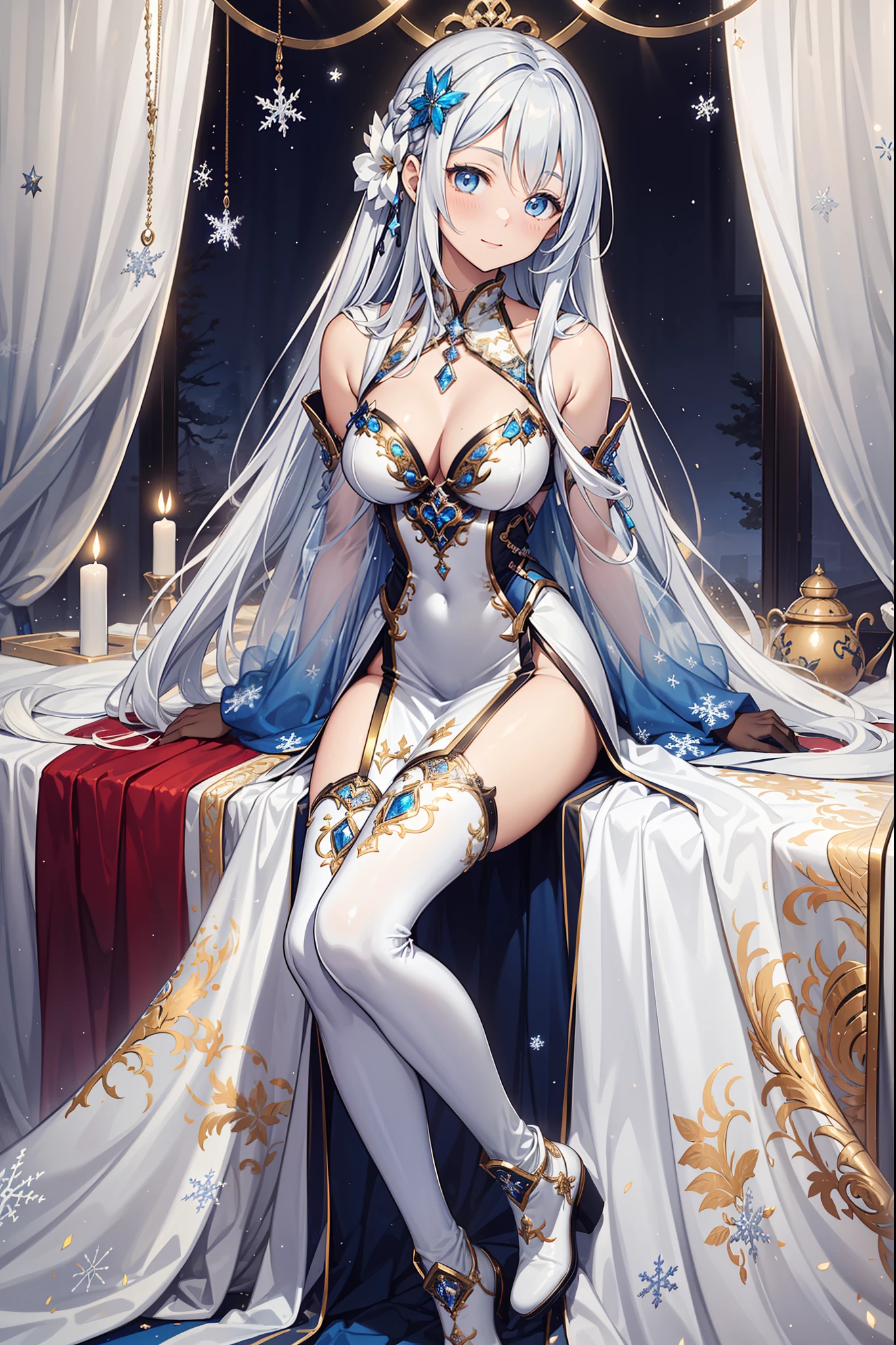 saints,seductiv,having fun,Being in love,(Western magic white dress),silber hair,eBlue eyes,Suitable transparent clothing,Decoration of saints,Sky blue cloth,Snowflake pattern,Sky blue pattern,Snowy nights,Transparent lace,exquisite costumes,Bedrooms,solo person,the night,Engraved translucent boots,Delicate and beautiful face