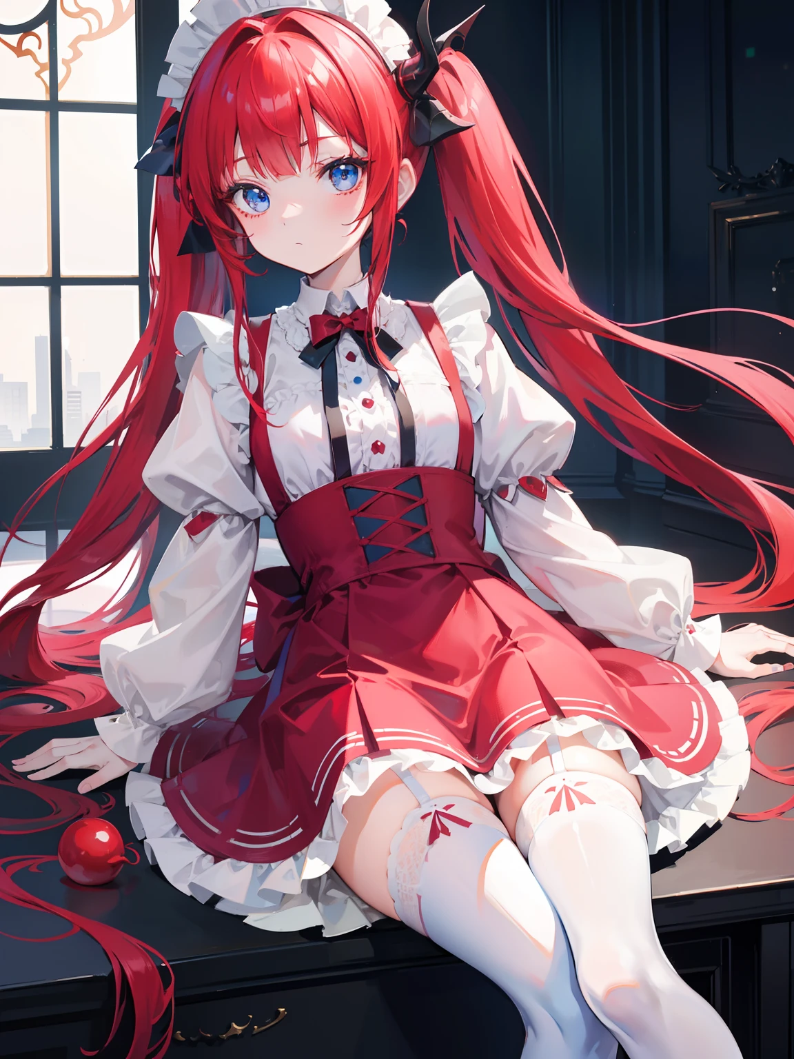 red hair,blue eyes,twintails,maid, long hair, long sleeves, gothic, solo, loli,Short skirt, white stockings,{{best quality}}, {{masterpiece}}, {{ultra-detailed}}, {illustration}, {detailed light}, {an extremely delicate and beautiful},little girl,cute,dragon horns