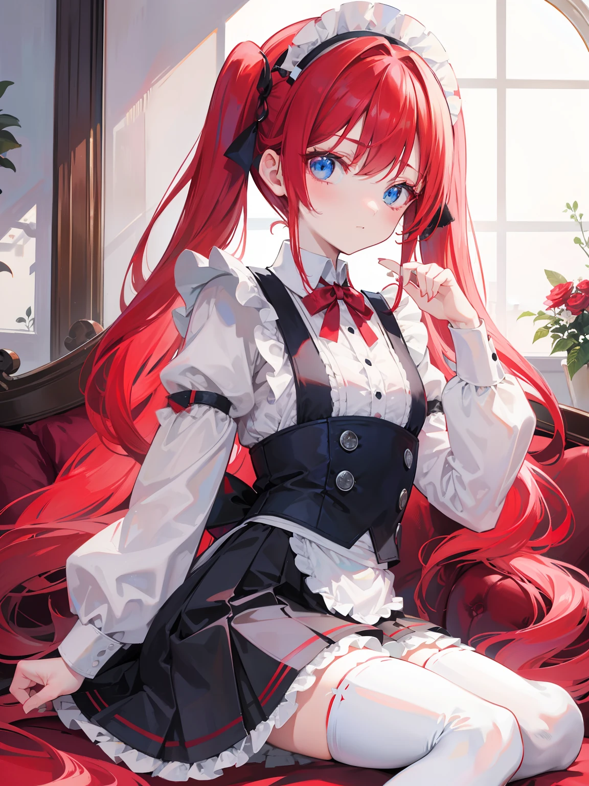 red hair,blue eyes,twintails,maid, long hair, long sleeves, gothic, solo, ,Short skirt, white stockings,{{best quality}}, {{masterpiece}}, {{ultra-detailed}}, {illustration}, {detailed light}, {an extremely delicate and beautiful},litte,dragon horns