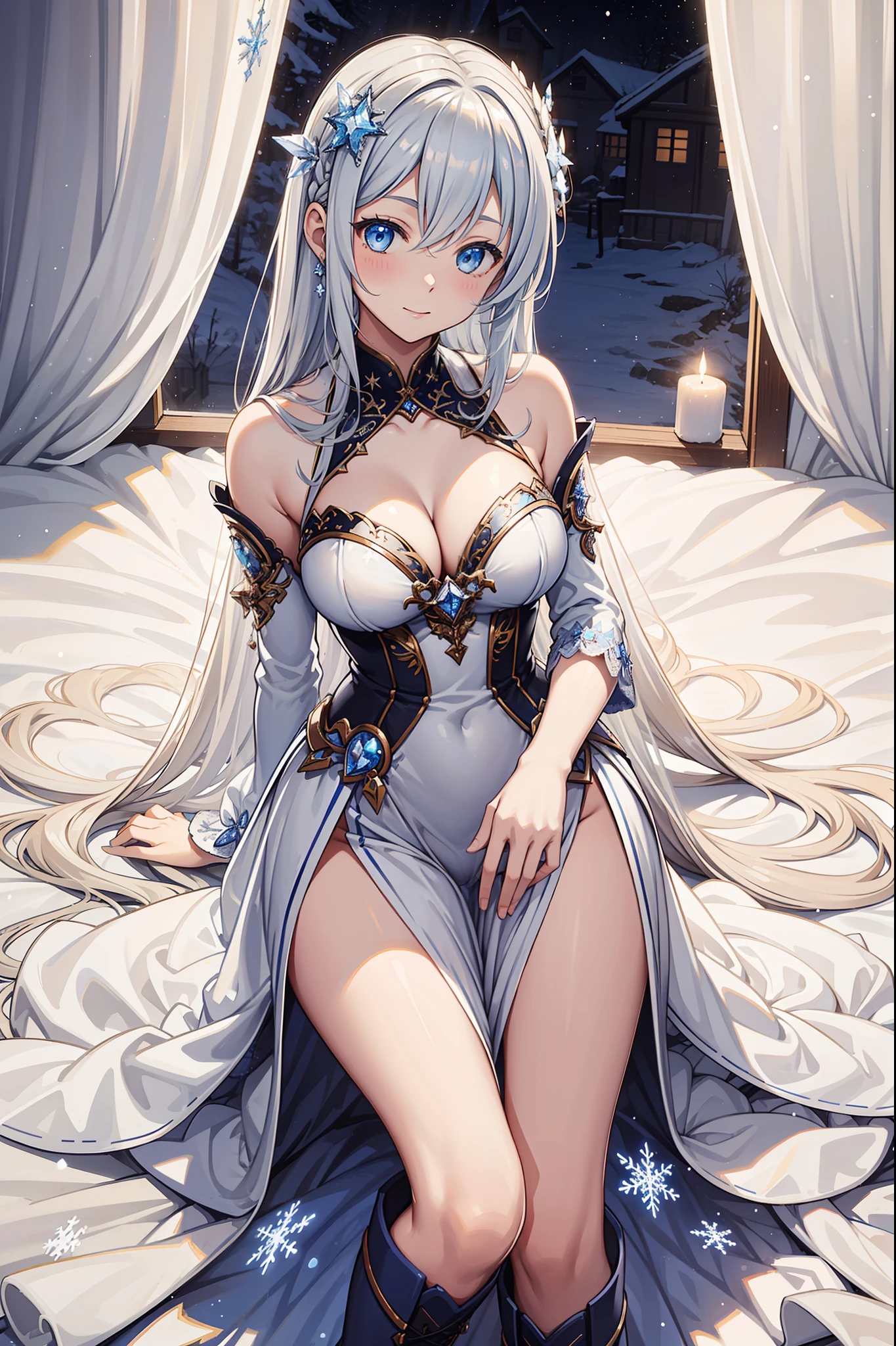 saints，seductiv，having fun，Being in love，(Western magic white dress)，silber hair，eBlue eyes，Suitable transparent clothing，Decoration of saints，Sky blue cloth，Snowflake pattern，Sky blue pattern，Snowy nights，Transparent lace，exquisite costumes，Bedrooms，solo person，the night，Engraved translucent boots，Delicate and beautiful face