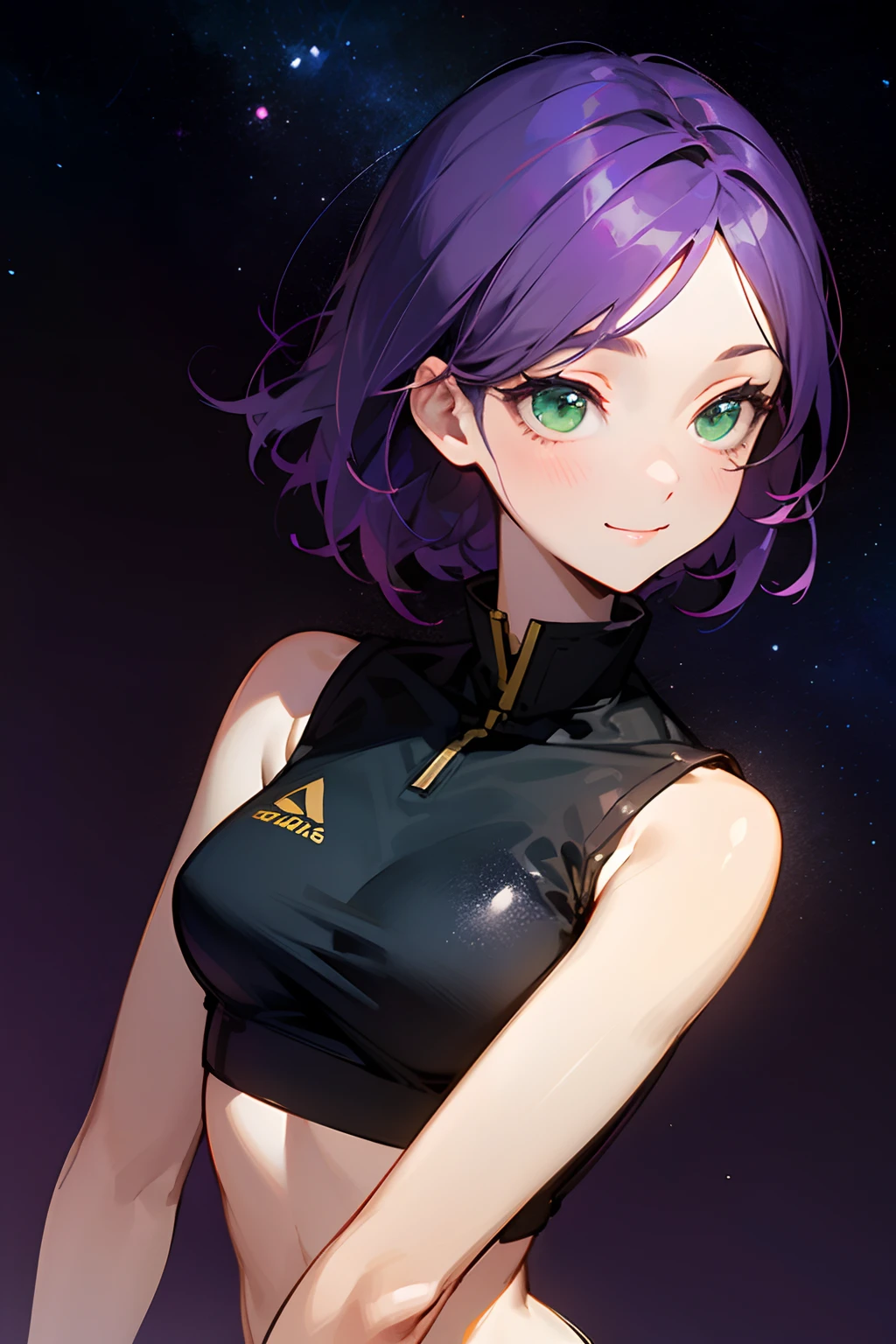 upper body shot, slender girl, deep-purple hair, green eyes, warm smile, textured eyes, erotic crop-top, starry background, calming and tranquil atmosphere, good anatomy, highest quality, masterpiece:1.2, hyper-detailed, vivid, rough sketch